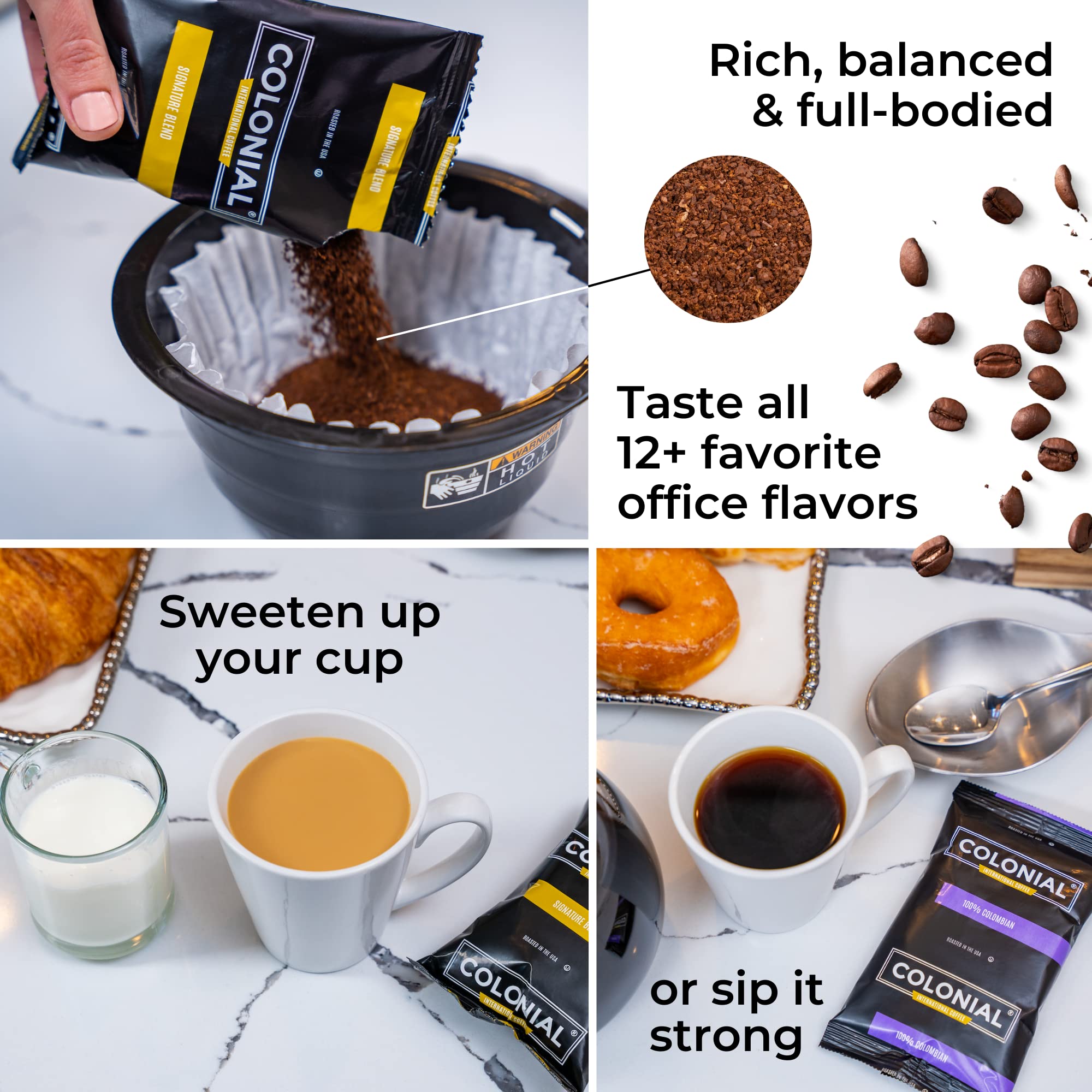 Premium Colonial Coffee Packets - 100 Single Serve Pre Ground Coffee Bags (2.5 oz Each) | High Caffeine Medium-Dark Roast Blend for Drip Coffee Makers | Perfect for Offices, Restaurants & Home Brewing
