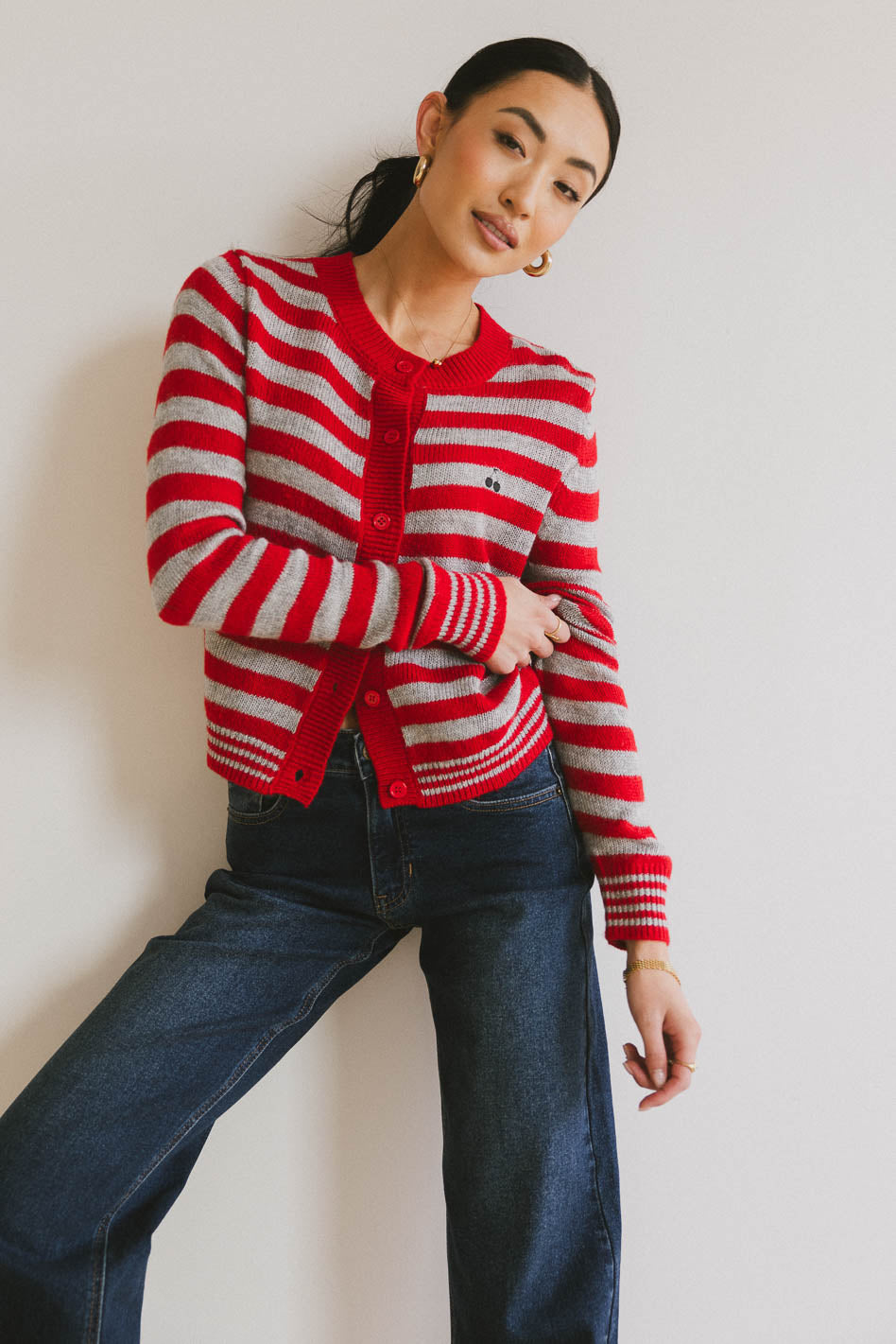 Albia Women's Cherry Striped Cardigan - Soft Knit Sweater for Fall & Winter | Cozy Casual Wear for Office, Dates & Outings