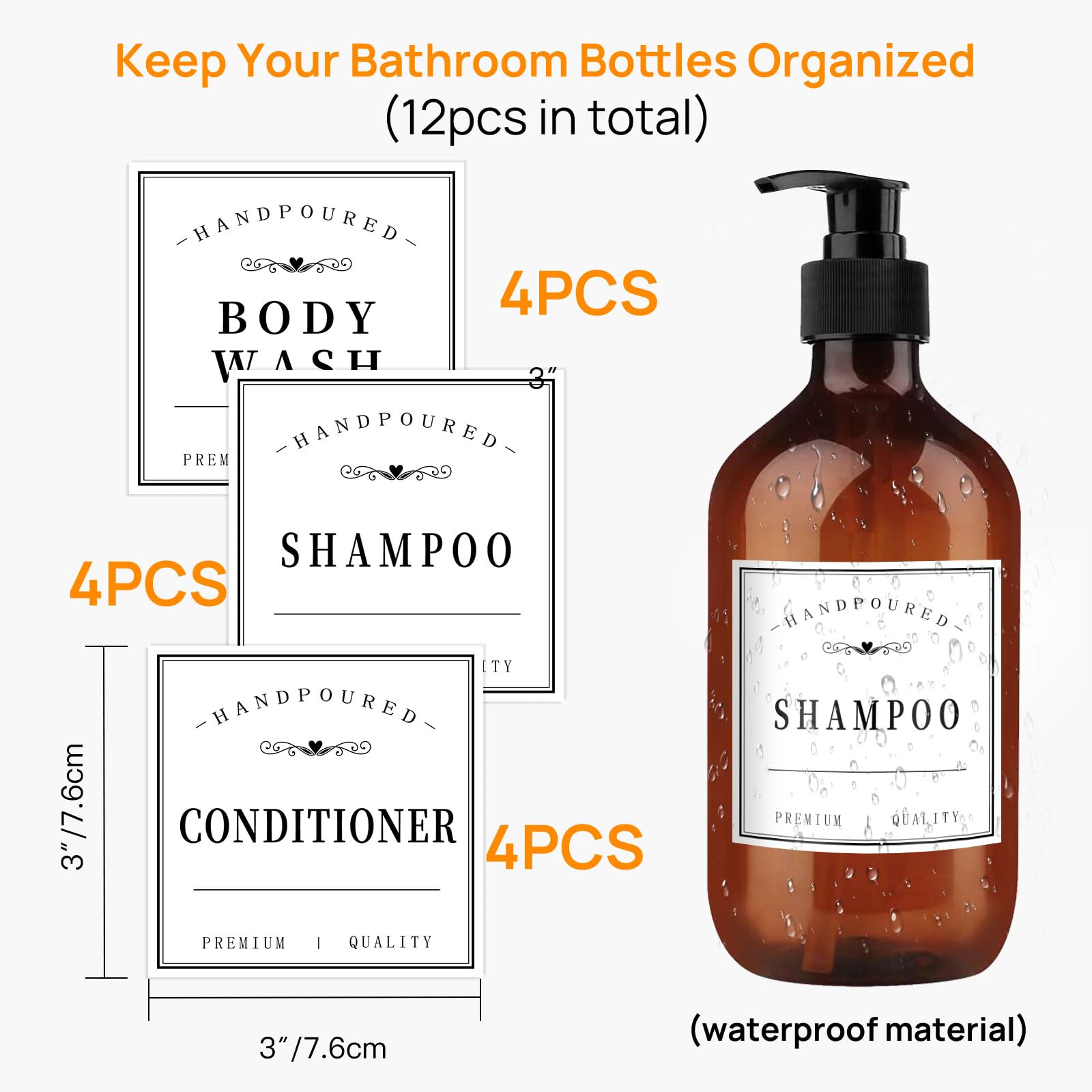 12PCS Minimalist Waterproof Bathroom Labels for Bottles - Shampoo, Conditioner, Body Wash Organizer - Perfect for Home, Gym, Travel & Spa Use