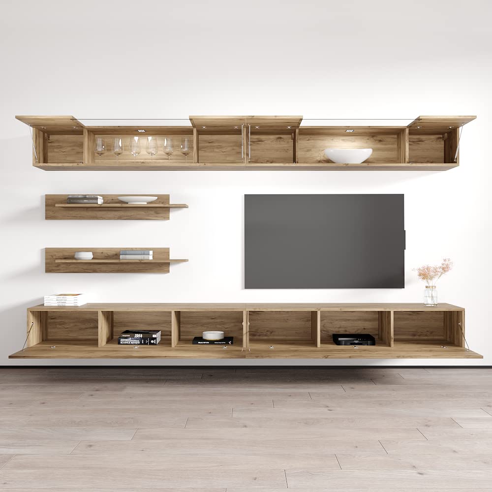Modern Floating TV Stand with Storage & LED Lights - Wall-Mounted Entertainment Center for Living Room & Bedroom - Oak Wood TV Console with Shelves - Perfect for Small Spaces & Home Theater Setup