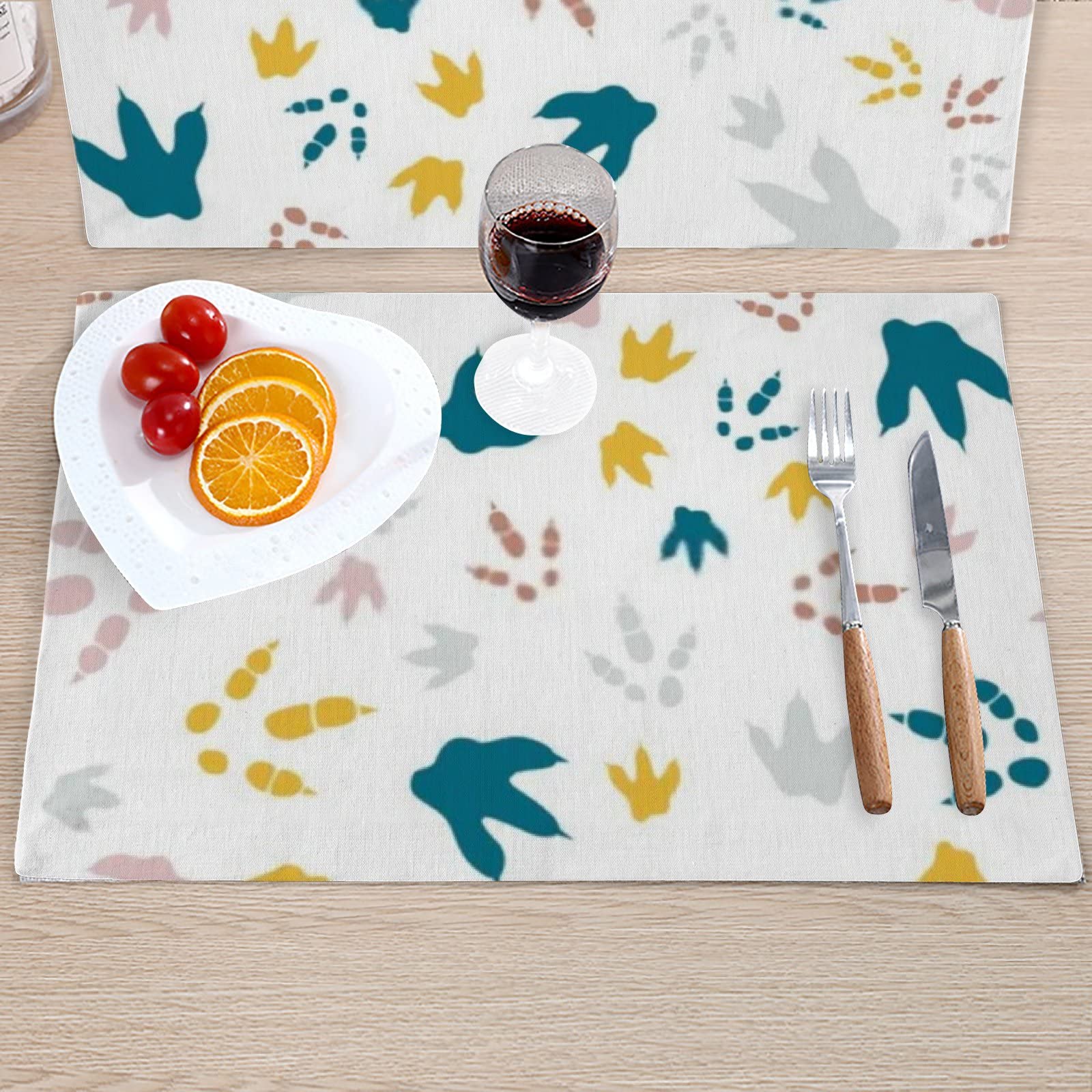 ZHIAMI Heat-Resistant Linen Placemats Set - Cute Dinosaur Footprint Design Washable Table Mats for Dining & Kitchen Counter Protection | Perfect for Family Meals, Kids Parties & Home Decor