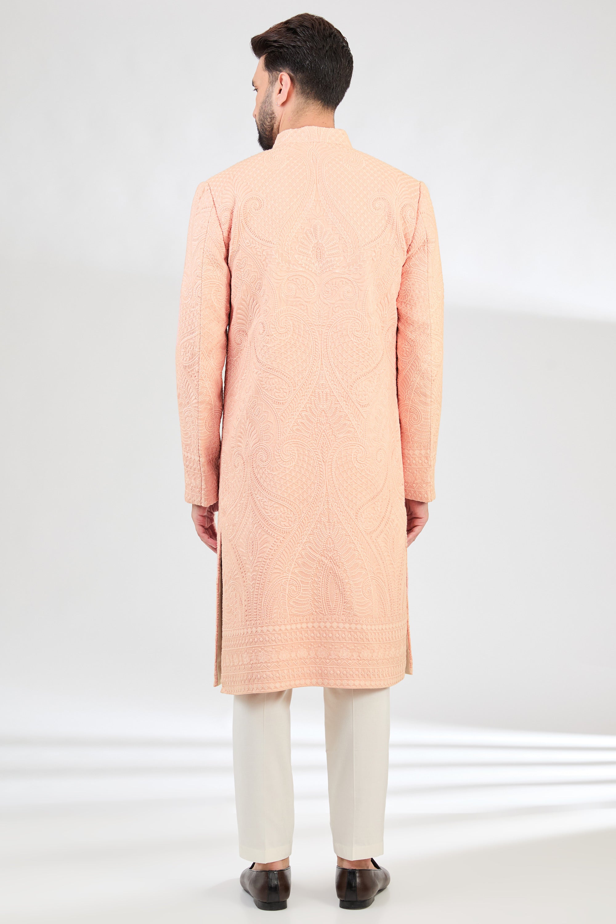 Exquisite Kashmiri Embroidered Peach Sherwani for Men - Traditional Indian Wedding Attire & Festive Occasions