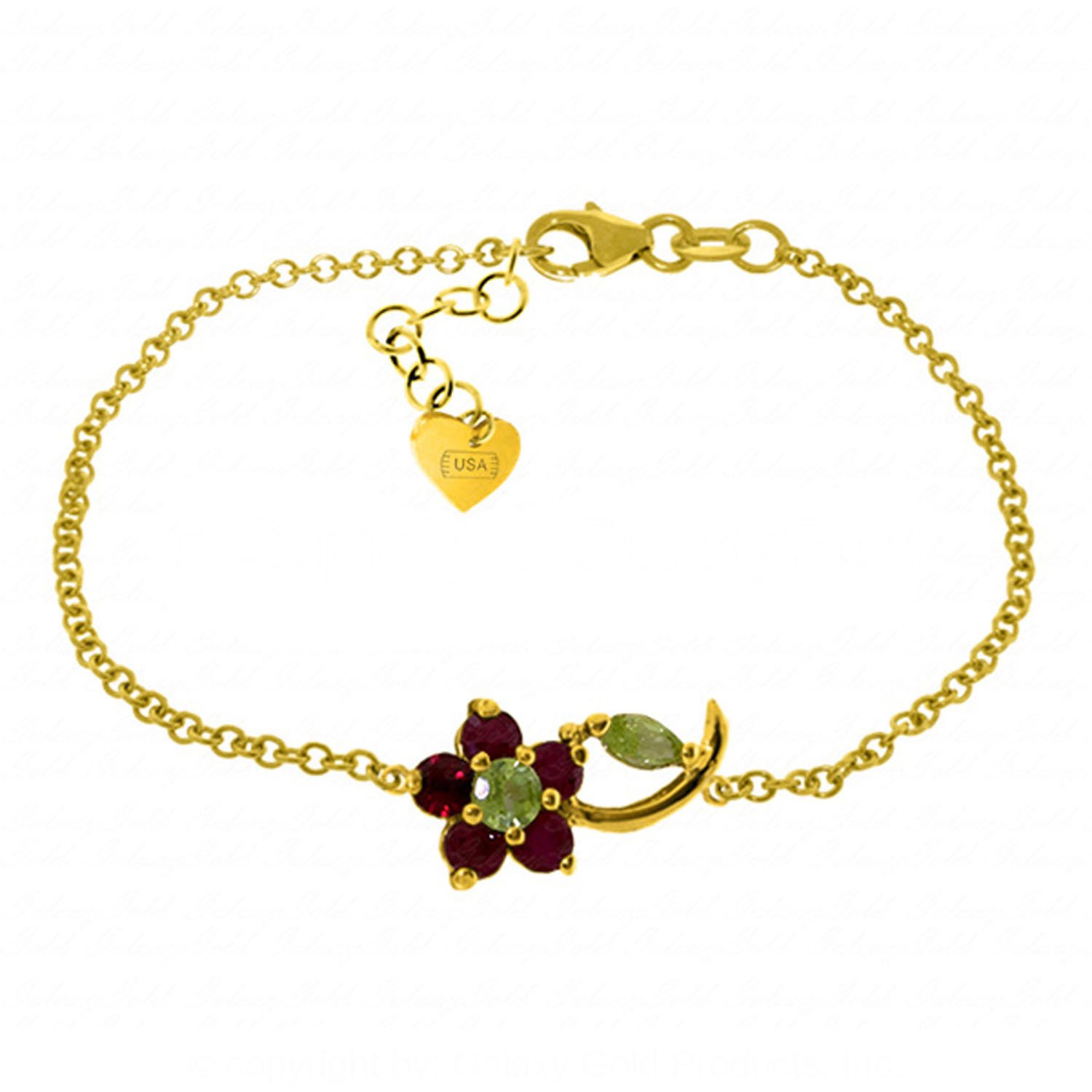 14K Solid Gold Flower Bracelet with 0.87 CTW Ruby & Peridot - Elegant Galaxy Gold GG Jewelry for Women, Perfect for Weddings, Anniversaries & Special Occasions