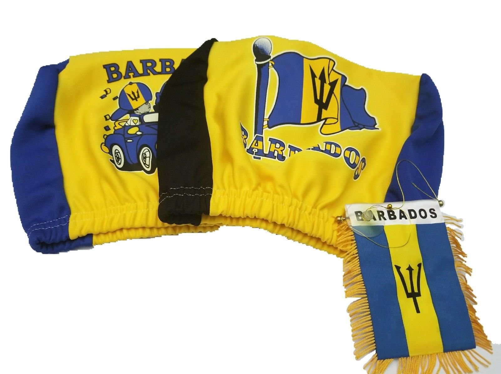 BUNFIREs 3-Piece Barbados Flag Headrest Covers for Cars & Trucks with Mini Banner - Rear View Mirror Accessories for Road Trips & Caribbean Pride Decor