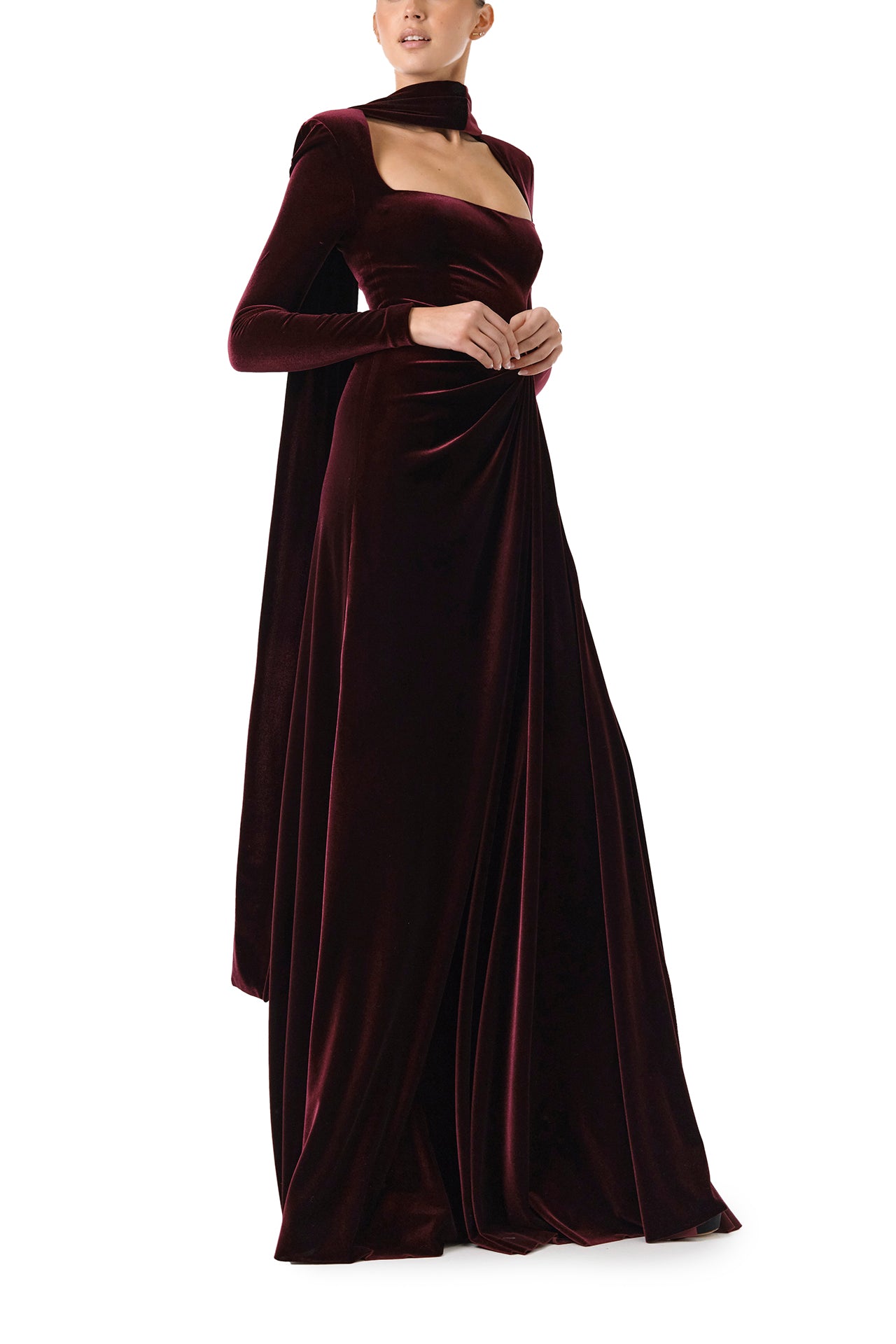 Soft Velour Long Sleeve Gown with Detachable Scarf - Elegant Winter Loungewear for Women | Cozy Home Wear & Sleepwear