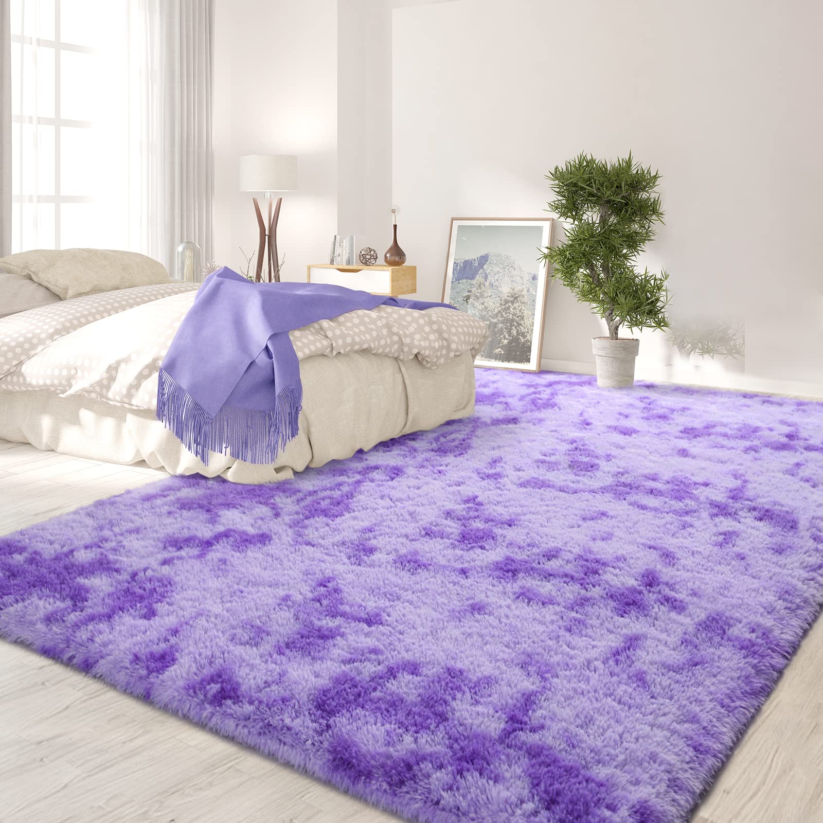 FlyDOIT Purple Tie-Dyed Shaggy Area Rug 4x6 Feet - Ultra Soft Plush Fluffy Living Room Rug, Modern Fuzzy Throw Carpet for Bedroom, Nursery, Kids Room & Dorm Decor - Perfect for Cozy Home & Boho Chic Style