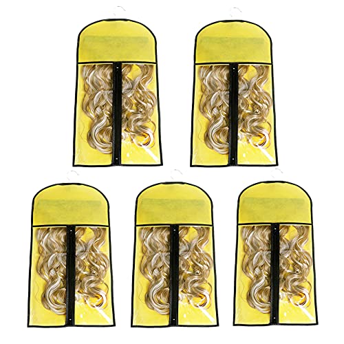 5-Piece Wig Storage Bag Set with Wooden Hangers - Professional Hair Extensions Organizer, Dust-Proof Wig Pouch Case (5 Yellow Bags + 5 Black Hangers) - Perfect for Salon, Cosplay & Home Wig Storage