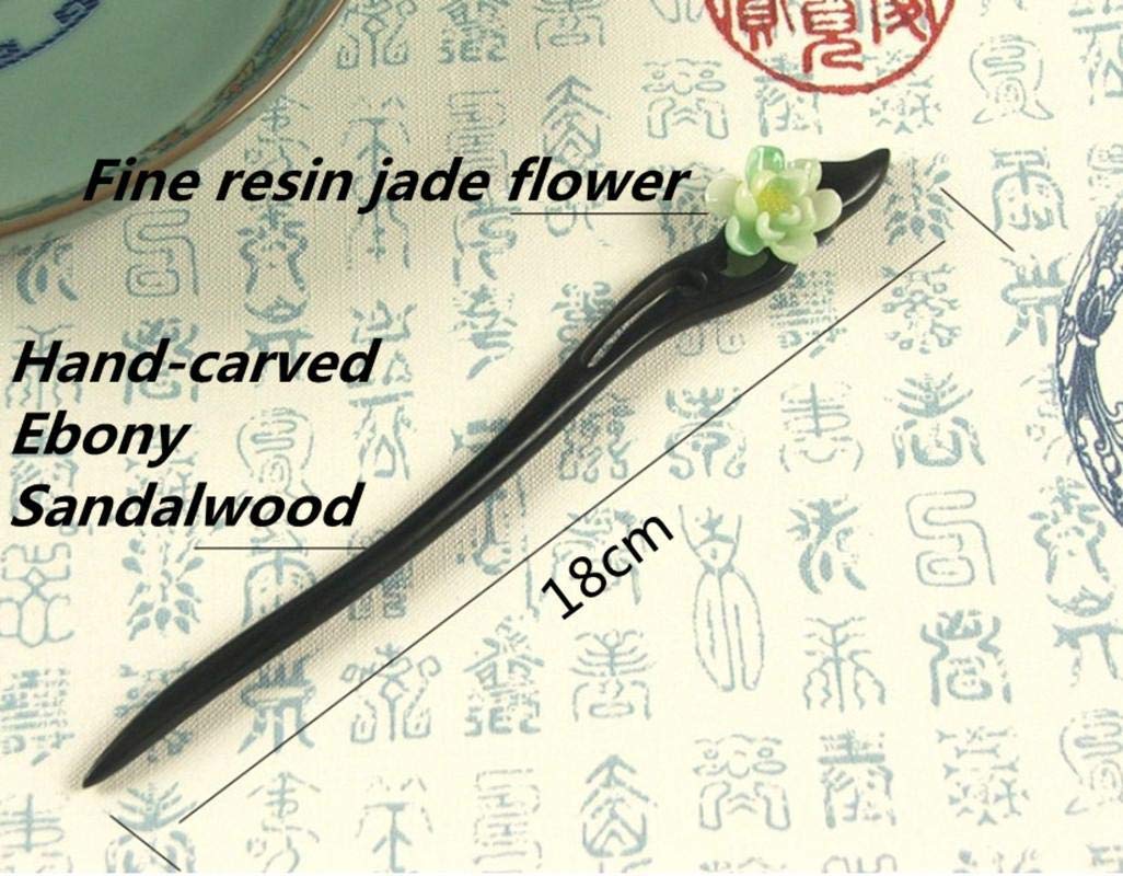 Handmade Wooden Hair Stick - Chinese Ancient Style Carved Hair Pin with Ebony & Jade Flower for Women | Perfect for Bun Updos, Weddings & Traditional Hairstyles
