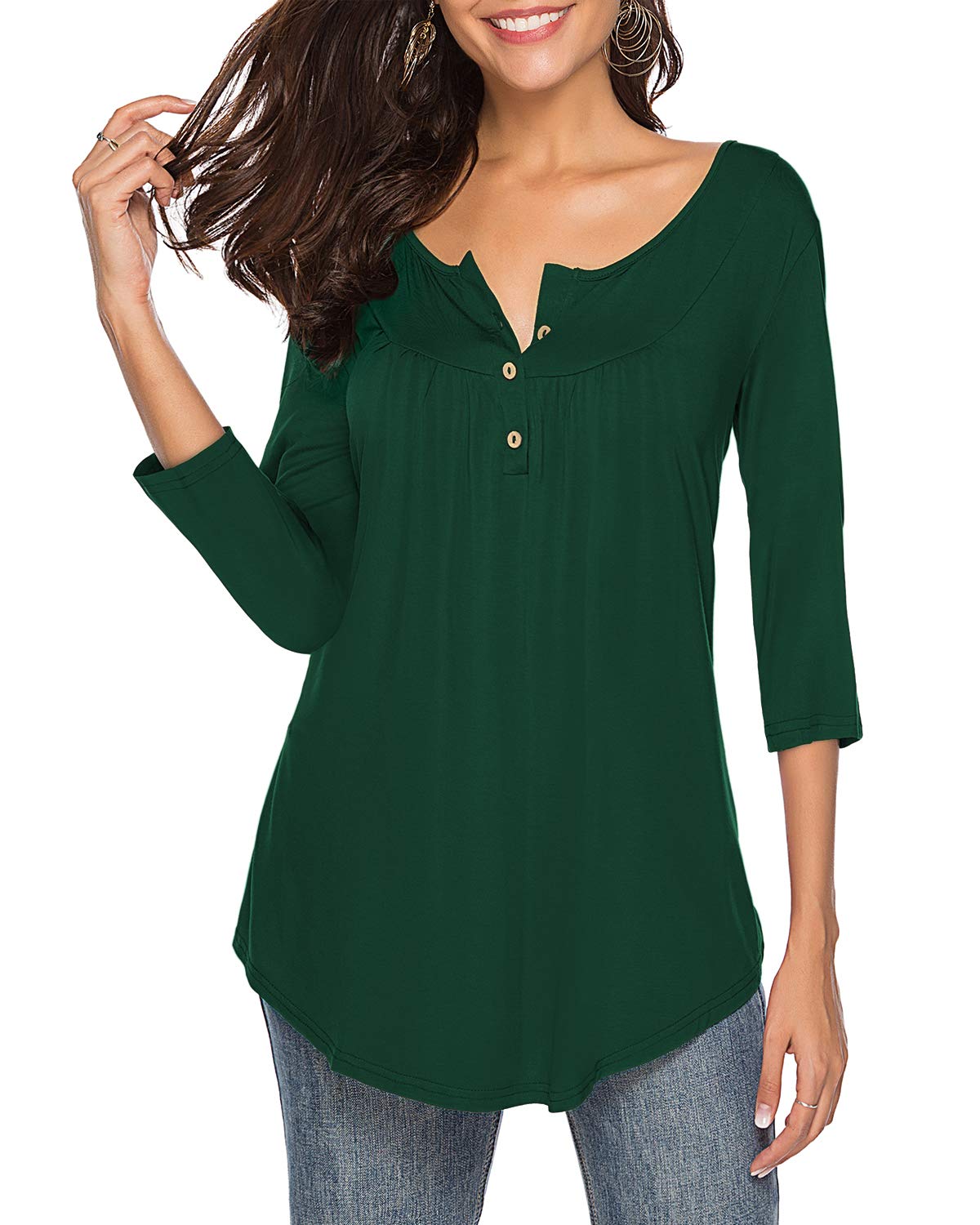 THANTH Women's Casual V-Neck 3/4 Sleeve Button-Up Tunic Top - Loose Fit Blouse for Work, Office & Everyday Wear