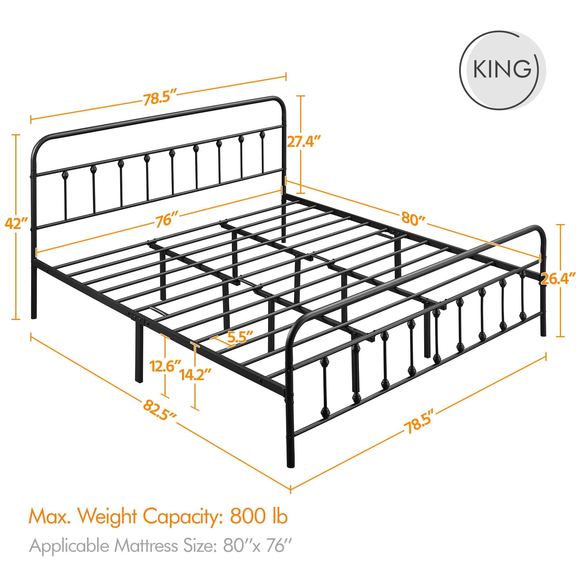 Topeakmart King Size Victorian Style Metal Bed Frame with Headboard - No Box Spring Needed, Sturdy Slat Support & Under Bed Storage - Perfect for Master Bedrooms, Guest Rooms & Small Spaces (Black)