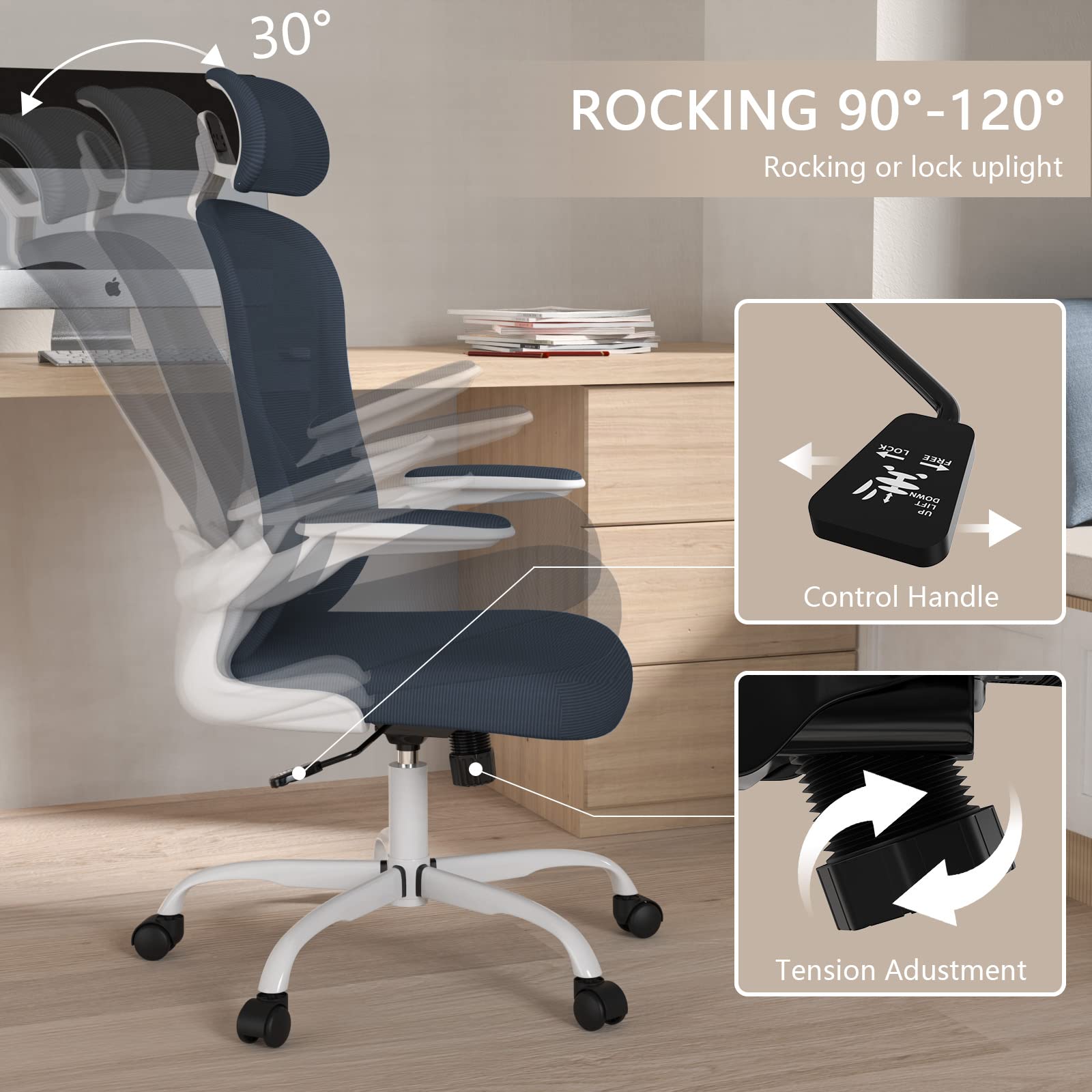 Ergonomic High Back Office Chair with Adjustable Lumbar Support & Headrest - Breathable Mesh Task Chair, Swivel Executive Desk Chair with Flip-Up Armrests - Perfect for Home Office, Gaming & Workspaces