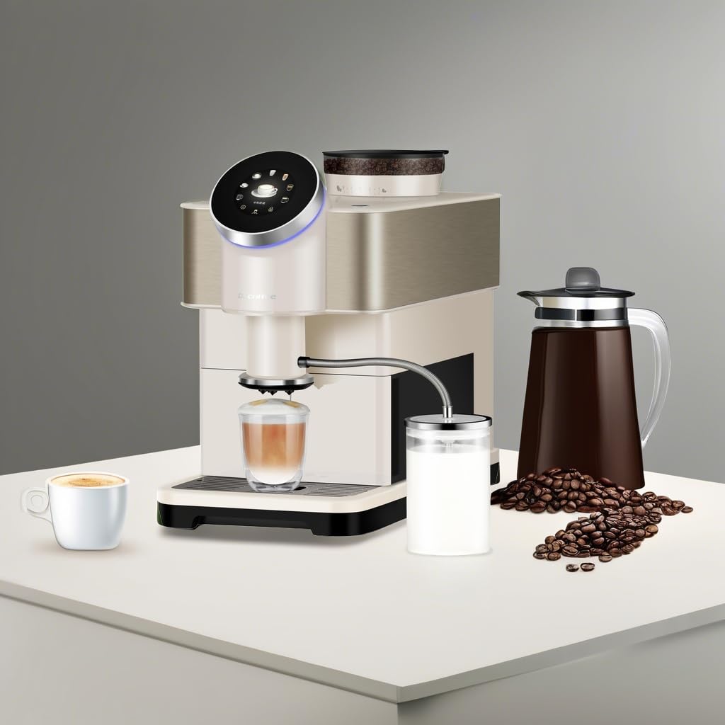 Fully Automatic Espresso Coffee Machine with Milk Frother - Dr.coffee H2 Home Coffee Maker, Detachable Water Tank, Round Touch Screen, Piano Black/Cream White for Kitchen, Office, Cafe Use