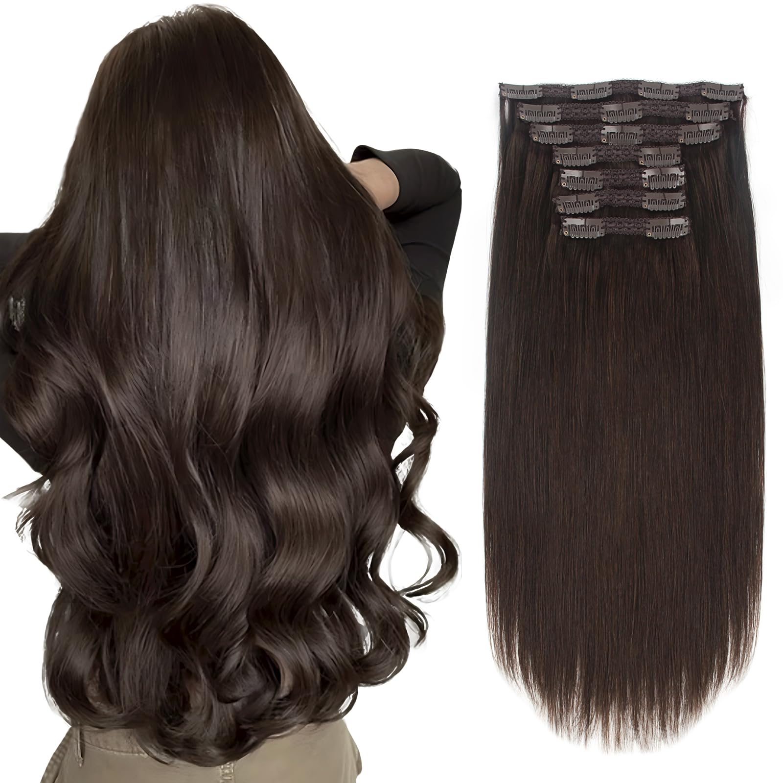 Sixstarhair Clip In Hair Extensions - 16 Inch Dark Brown Remy Human Hair (140g, 7 Pieces) - Silky Straight Real Human Hair Weft for Women - Perfect for Volume Boost, Length Extension & Everyday Styling