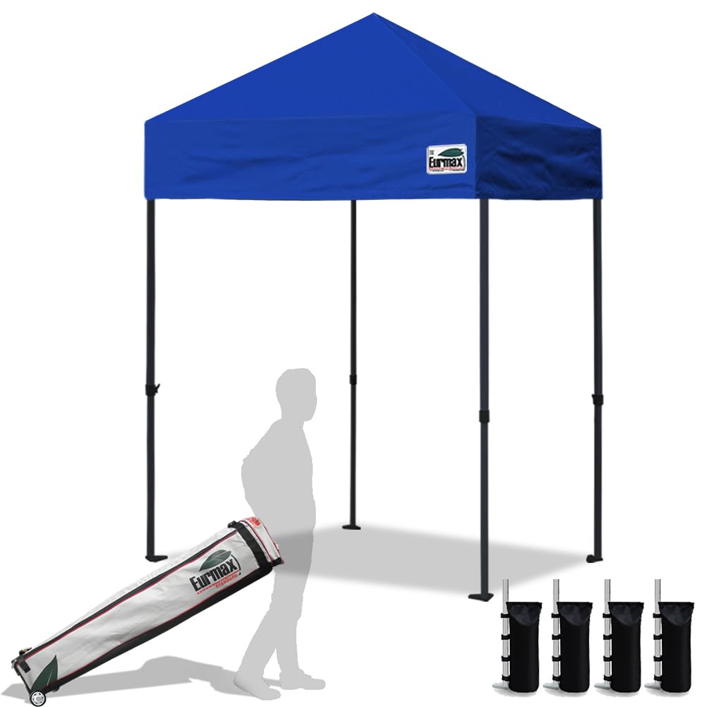 Eurmax USA 5'x5' Pop Up Canopy Tent - Heavy Duty Commercial Instant Shelter with Roller Bag & 4 Sand Weight Bags (Blue) - Perfect for Outdoor Events, Farmers Markets, Beach Parties & Camping