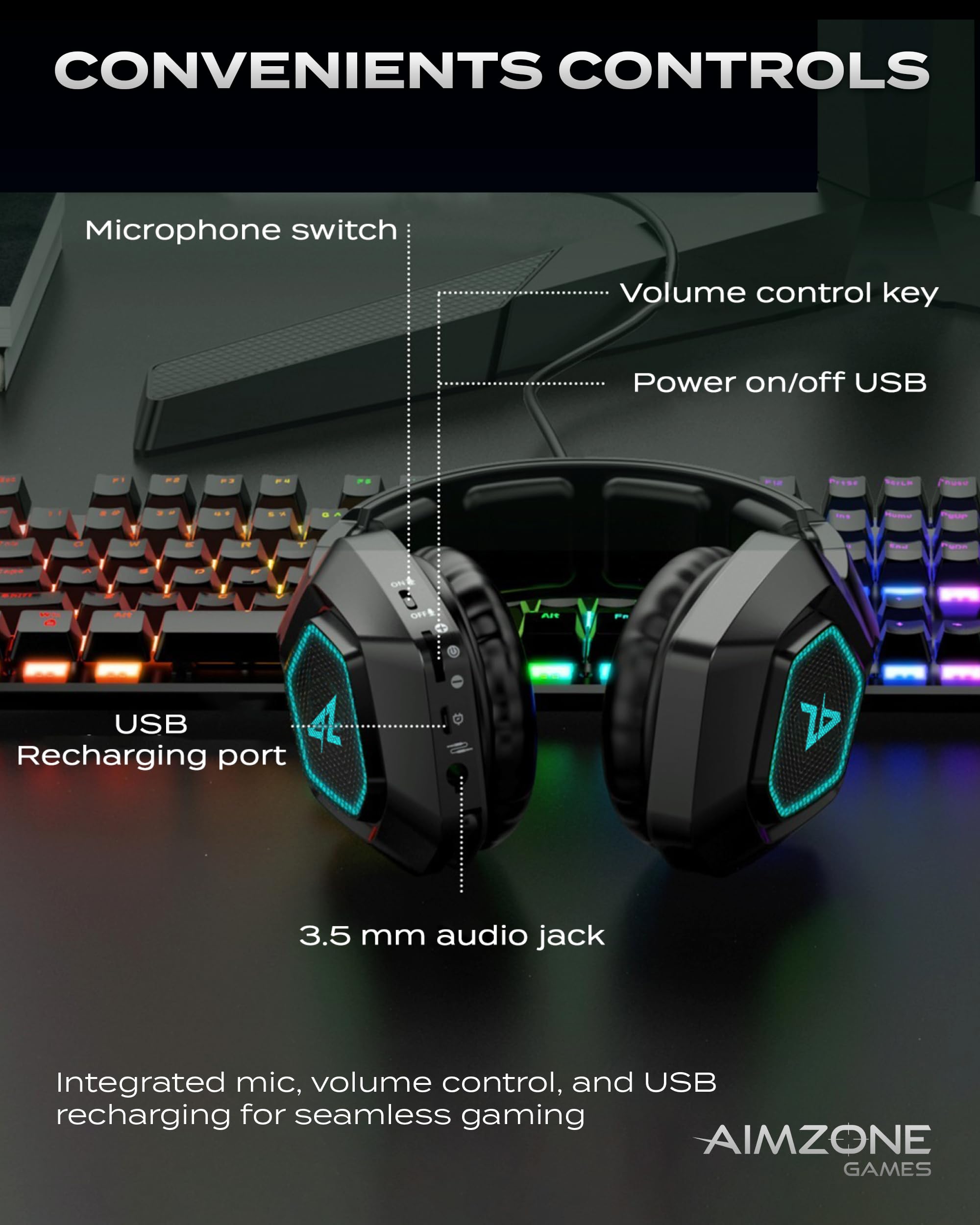Aimzone Wireless Gaming Headset with Noise Canceling Mic - Bluetooth & 2.4GHz Dual Mode, 7.1 Surround Sound, Memory Foam Earcups, LED Lights for PC/PS5/Xbox/Switch/Mobile Gaming (Black) - Perfect for Competitive Gaming & Late-Night Sessions