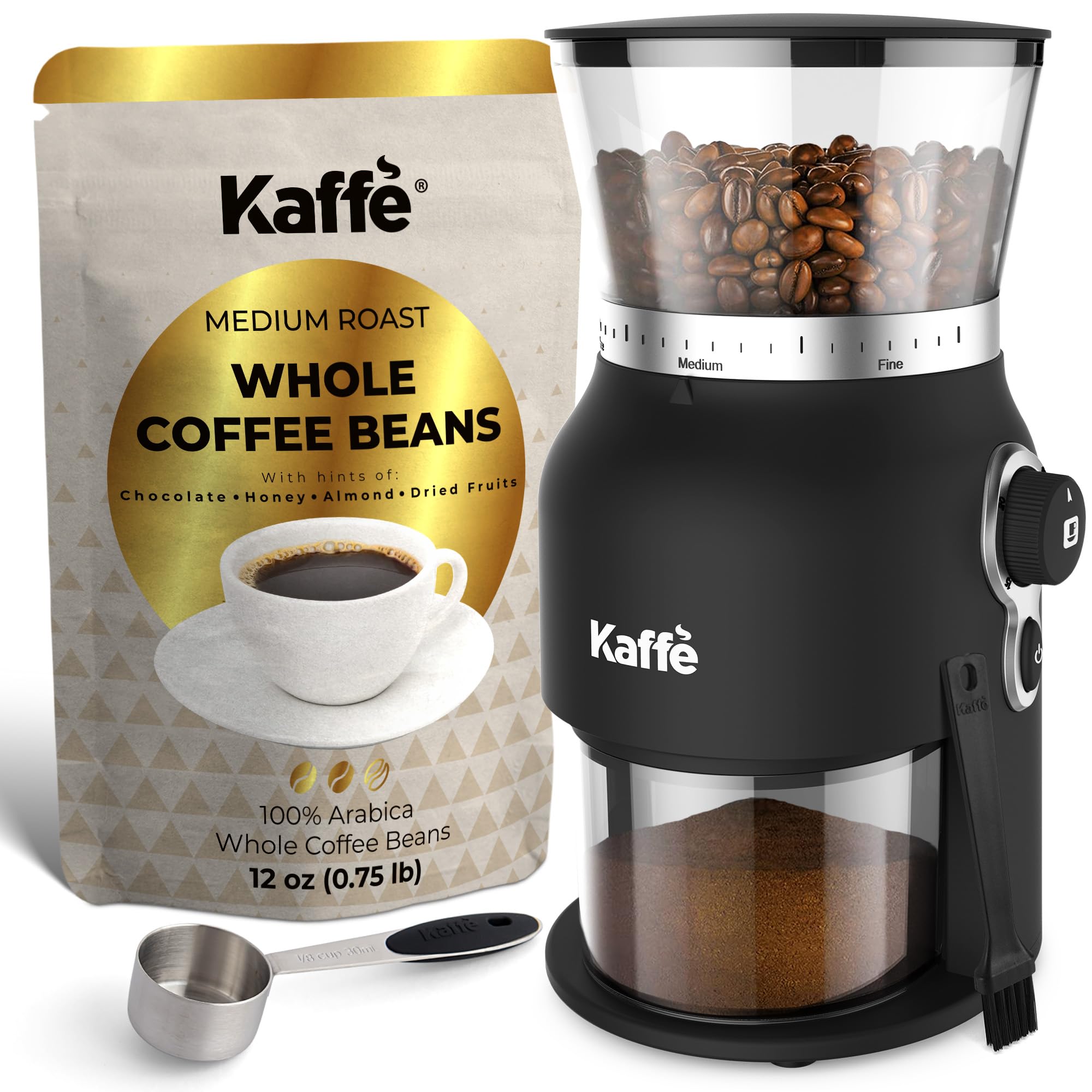 Premium Kaffe Electric Burr Coffee Grinder (5.5oz) with Adjustable Coarseness + 100% Arabica Colombian Medium Roast Coffee Beans (12oz) - Perfect for Fresh Home Brewing, Espresso, French Press & Cold Brew