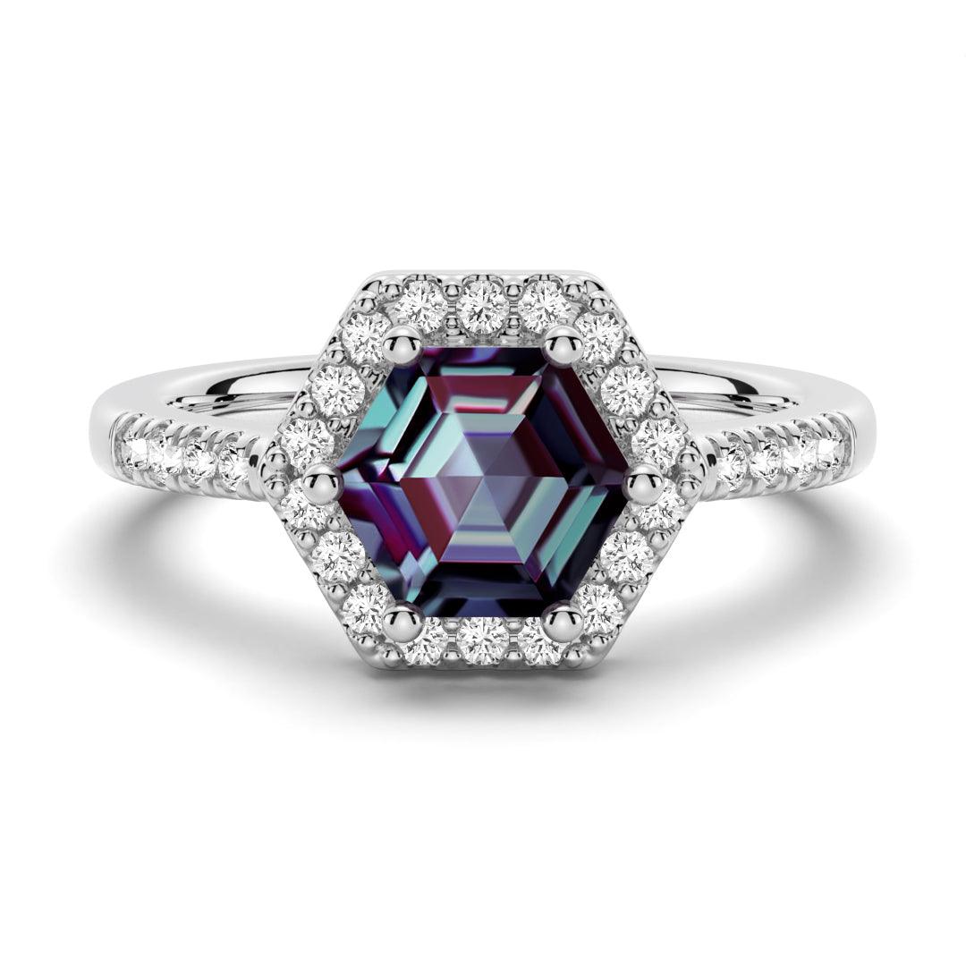 1.5 CT Hexagon Cut Alexandrite & Moissanite Halo Engagement Ring for Women - Vintage Style Wedding Band, Anniversary Gift, Proposal Jewelry (Perfect for Bridal, Valentine's Day & Special Occasions)