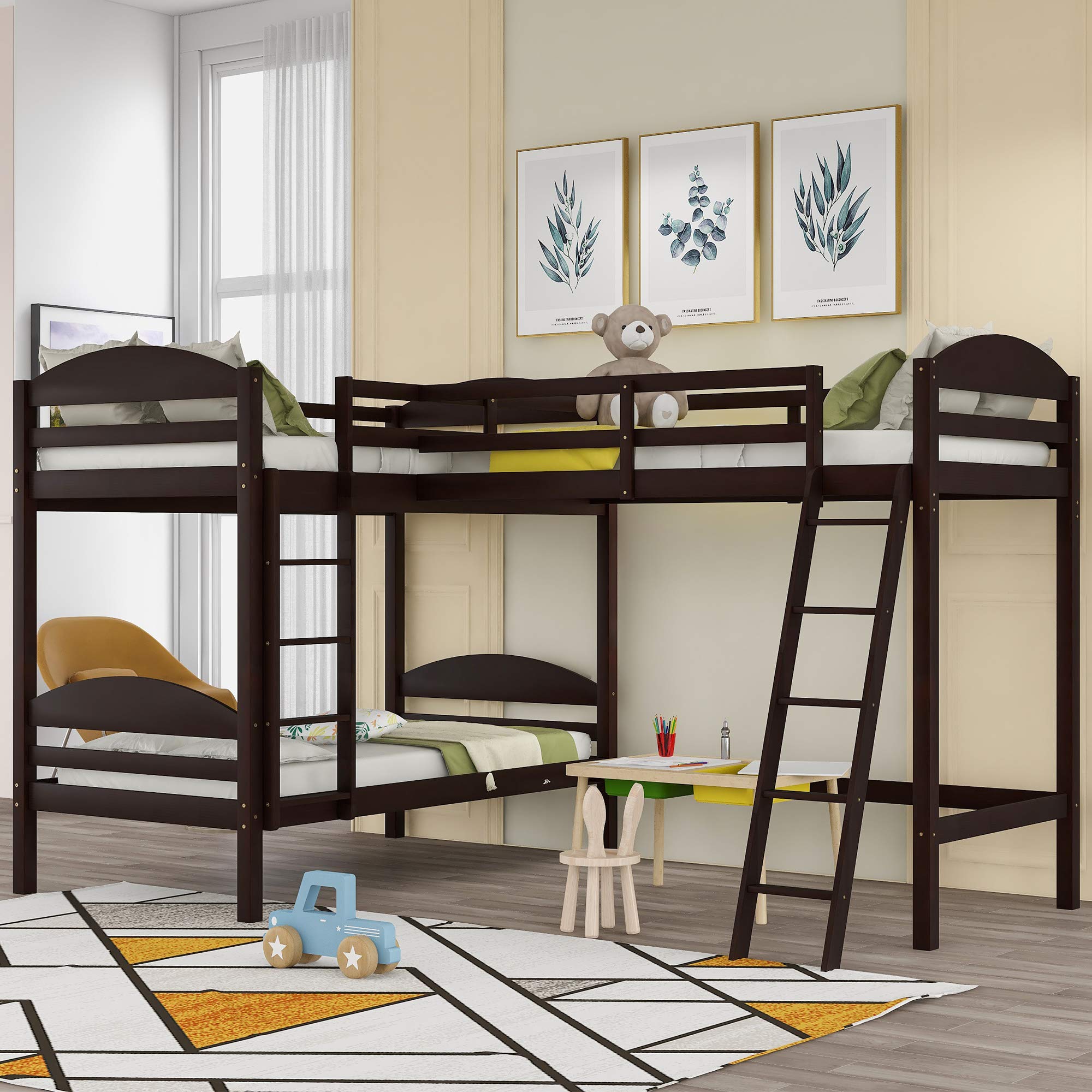 L-Shaped Corner Bunk Bed with Ladder & Guardrail - Twin Over Twin Triple Loft Bed Frame in Espresso Finish - Space-Saving Wooden Bunk Bed for Kids, Teens & Adults - Perfect for Small Bedrooms, Dorms & Shared Kids' Rooms