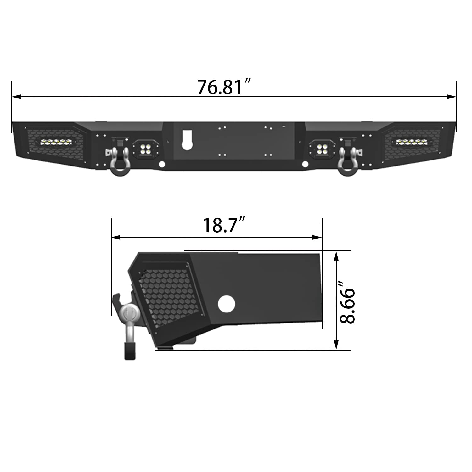 Black Textured Rear Bumper with 4 LED Lights & 2 D-Rings for 2010-2018 Dodge RAM 2500/3500 Trucks - Heavy Duty Protection & Off-Road Towing Accessory