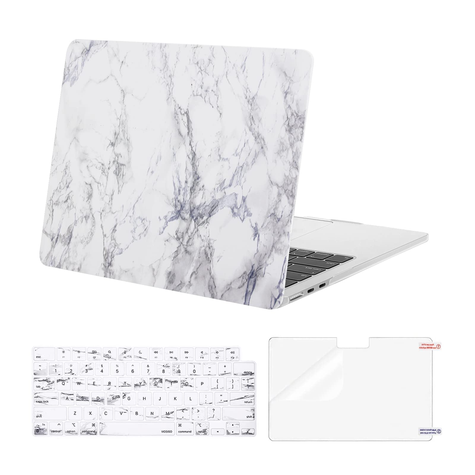 MOSISO MacBook Air 13.6 inch Case 2022 2023 Release (A2681 M2 Chip) - Hard Plastic Shell Cover with Keyboard Protector & Screen Protector - White Marble Design - Perfect for Office, Travel & School Use