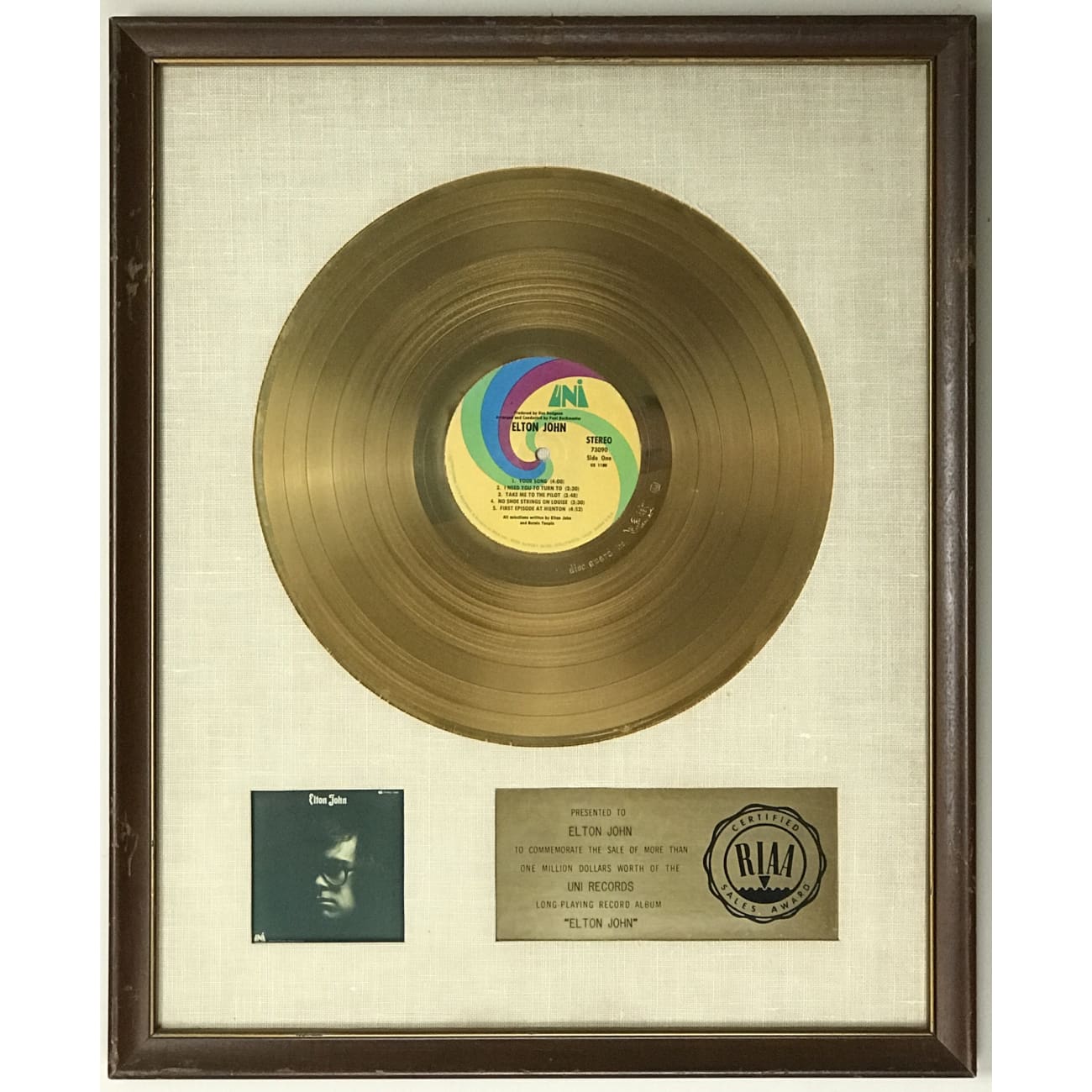 Elton John 1970 Debut Album White Matte RIAA Gold LP Award - Rare Collectible Vinyl Record for Music Enthusiasts & Home Decor