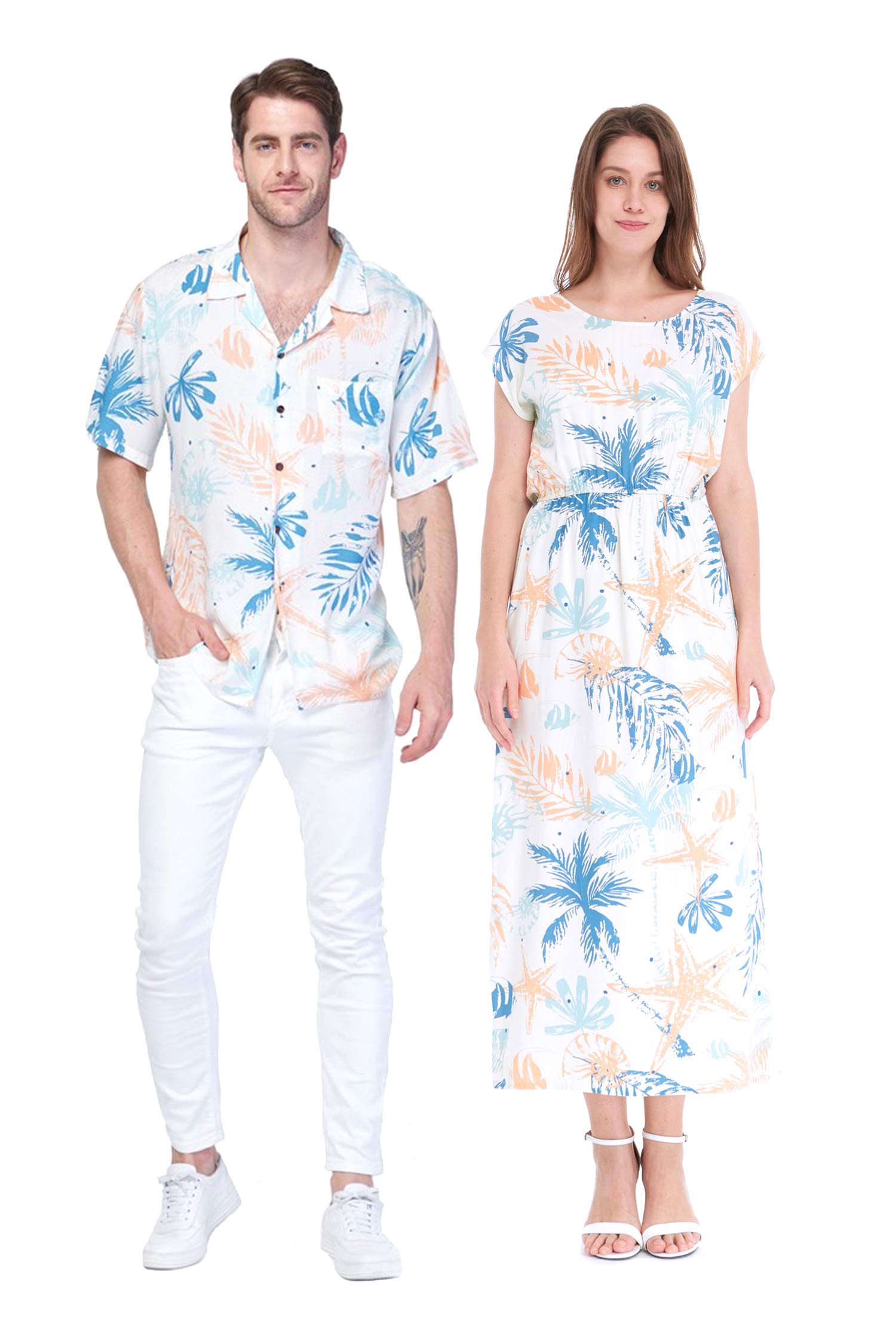 Stylish Matching Couple Hawaiian Luau Shirts & Maxi Dresses - Tropical Beach Outfits for Vacation, Honeymoon & Summer Parties