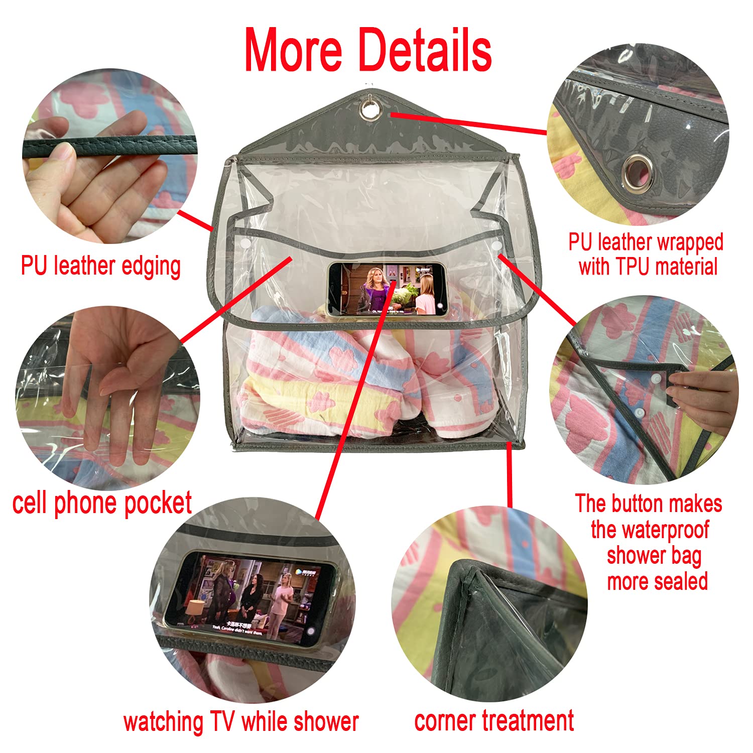 Waterproof Hanging Toiletry Bag Organizer - Clear Shower Caddy for Bathroom with Phone Holder - Watch Videos While Showering - Perfect for Travel, Gym & Dorm (Gray)