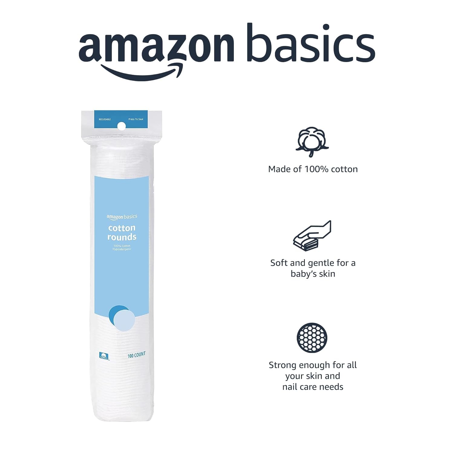 Amazon Basics Hypoallergenic 100% Cotton Rounds - 100 Count | Soft & Gentle Makeup Remover Pads | Perfect for Skincare, Nail Polish Removal & Baby Care