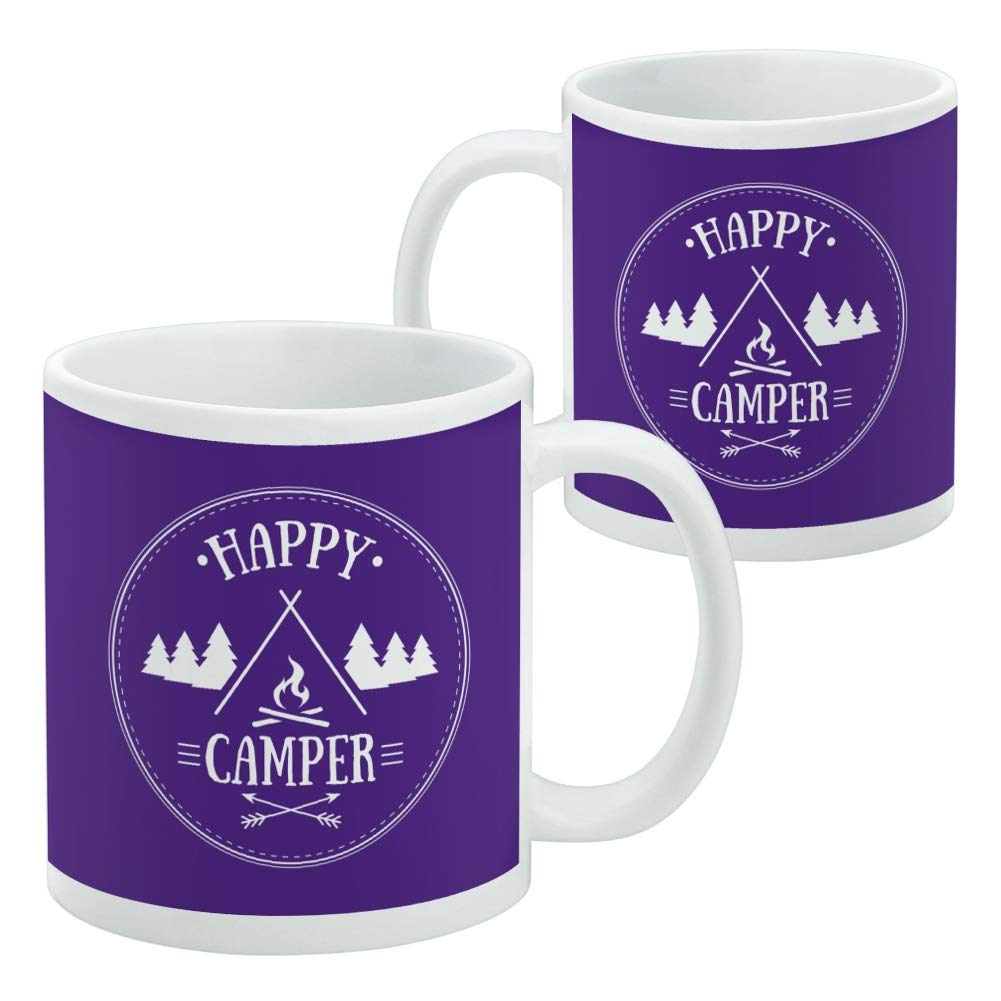 Happy Camper with Campfire White Mug - 12oz Ceramic Coffee Cup for Outdoor Camping, Hiking & Home Use - Perfect Gift for Nature Lovers