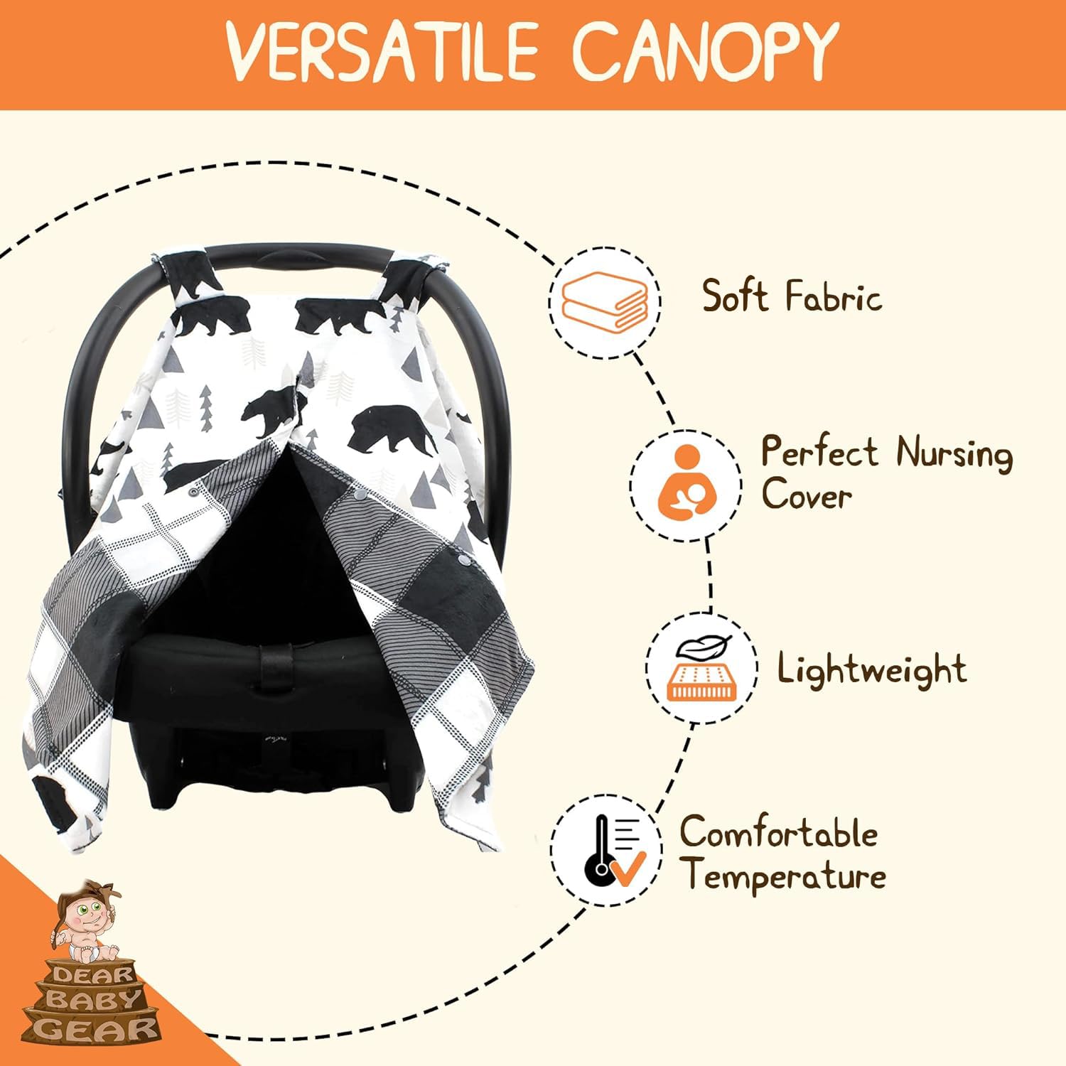 Dear Baby Gear Infant Car Seat Canopy & Winter Cover - Universal Stroller Cover - Black Bears Plaid Design (40