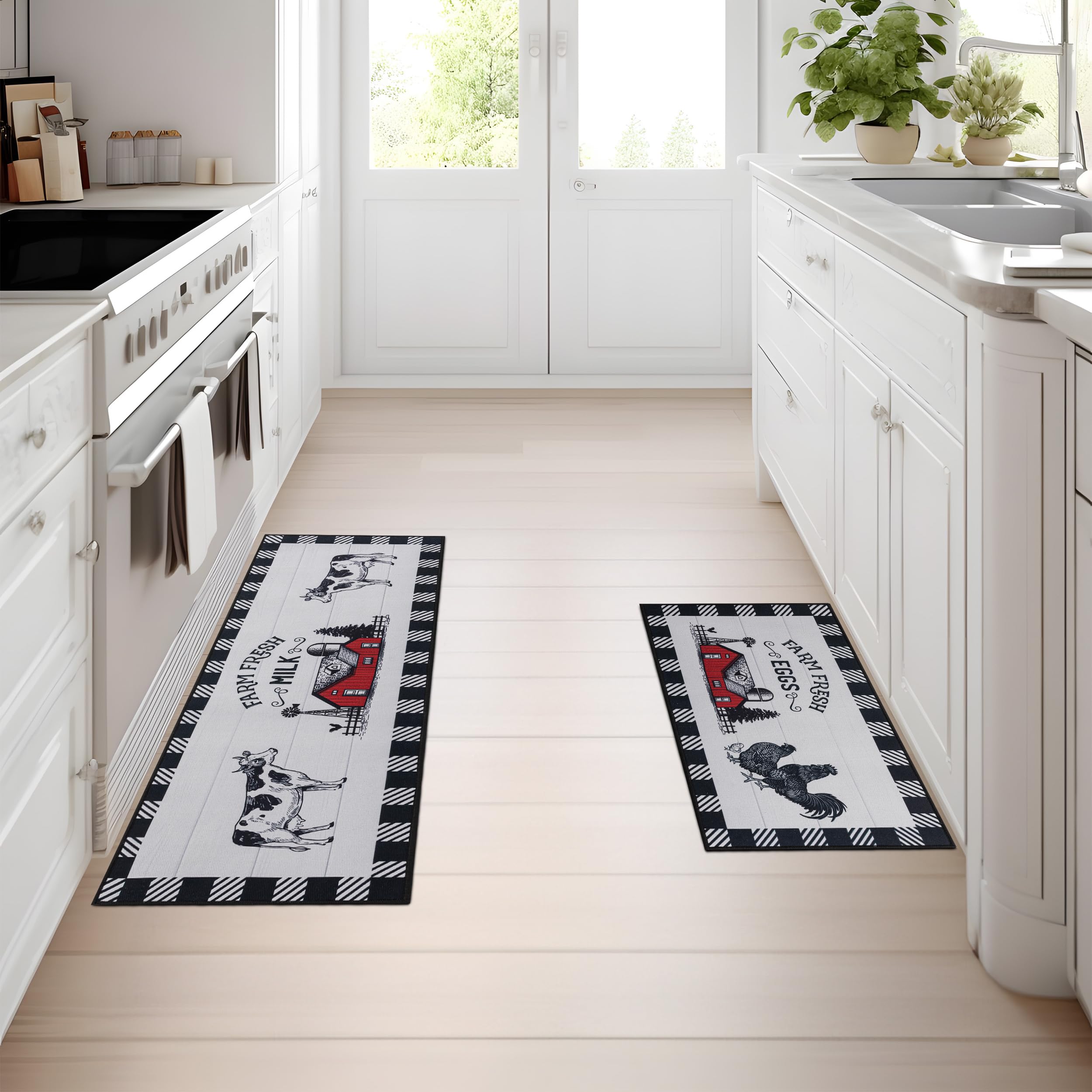 Farmhouse Kitchen Rugs Set of 2 - Non-Slip Washable Black and White Plaid Floor Mats - 17