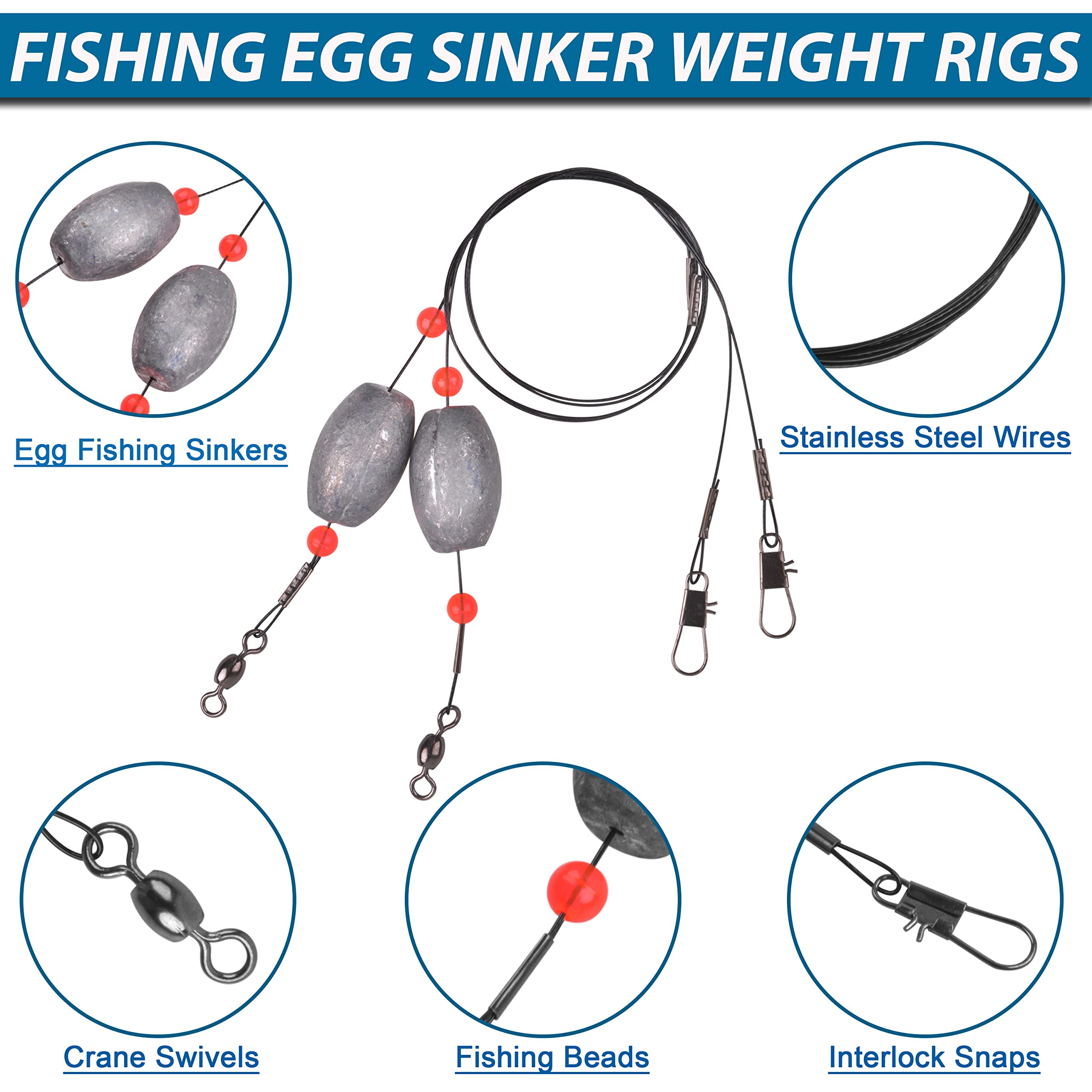 Stainless Steel Fishing Egg Sinker Weight Rigs with Wire Leaders, Swivels & Snaps - Saltwater Flounder Rig for Bottom Fishing | Ocean, Pier & Deep Sea Angling Gear