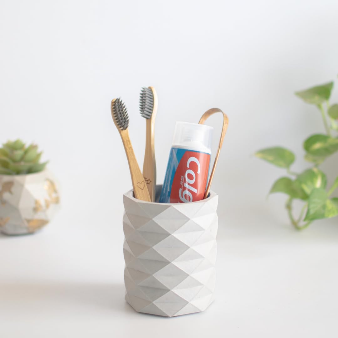 Dwell Dapper Geometric Concrete Toothbrush Holder - Handcrafted Multi-Purpose Organizer for Bathroom & Office (Pen Holder, Remote Control Stand) - Modern Grey Home Decor for Countertop & Desk Organization