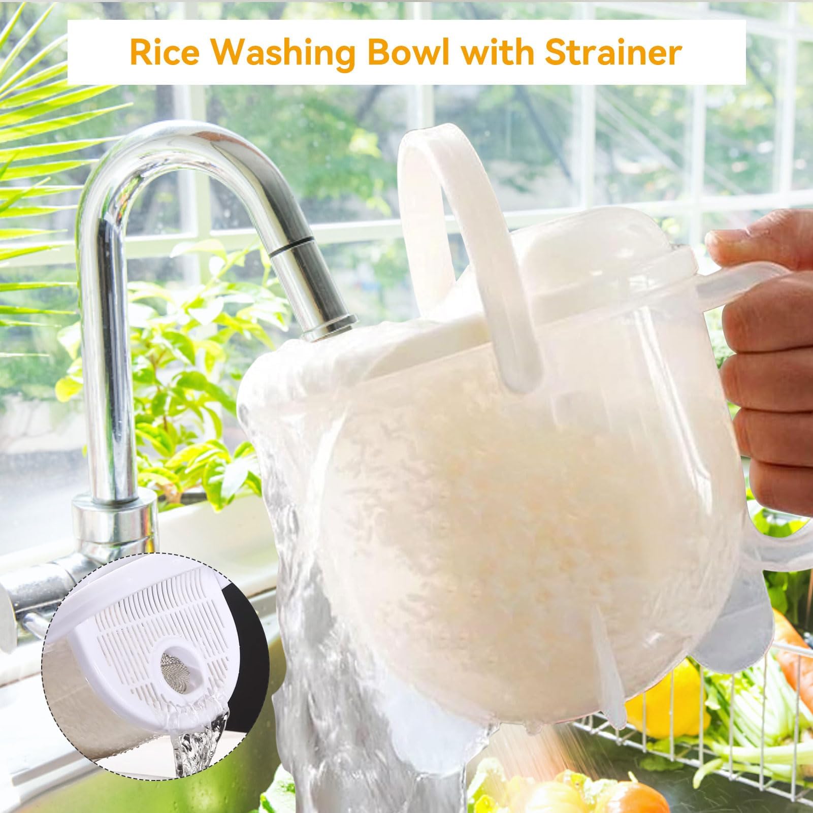 14oz Rice Washer & Grain Strainer - Plastic Quinoa, Rice, Bean Washing Bowl with Handle - Kitchen Colander for Vegetables, Fruits & Pasta - Perfect for Meal Prep & Healthy Cooking