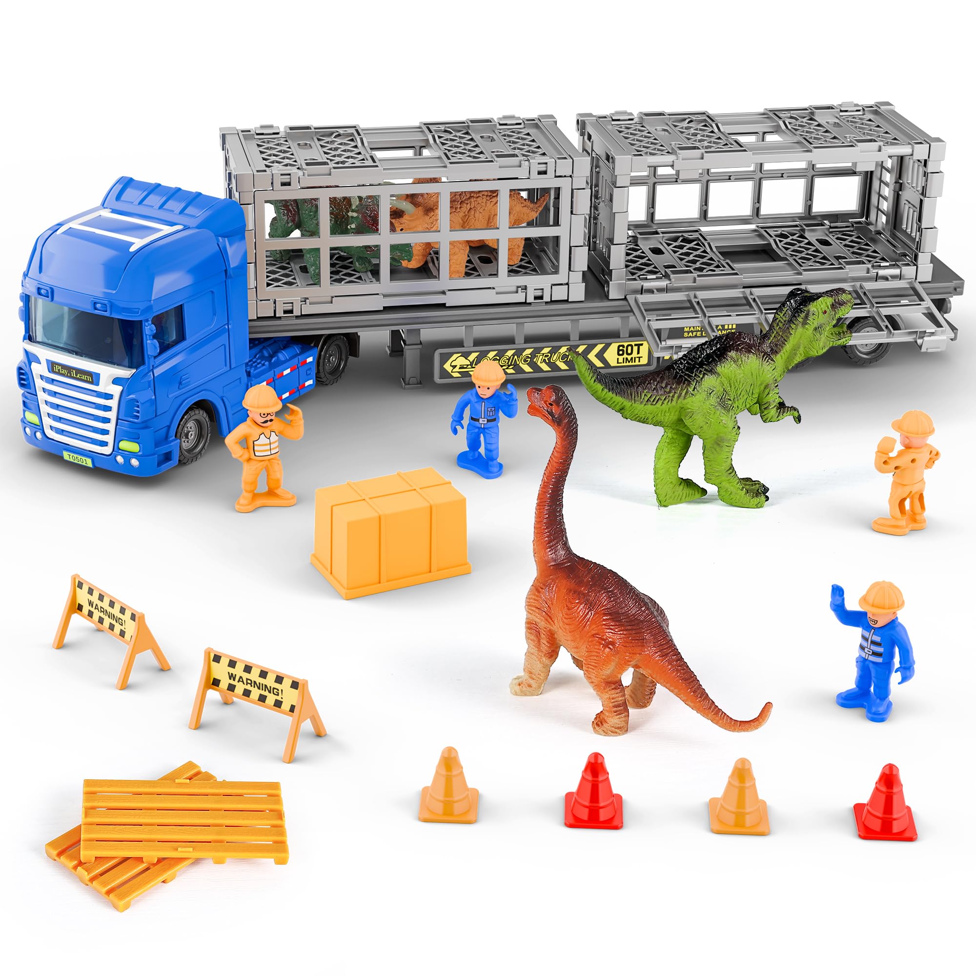 iPlay iLearn Dinosaur Cargo Truck Toys for Kids Ages 3-8 - Toddler Construction Playset with Boat, Trailer, Container Ship & Forklift Vehicles - Fun Educational Birthday Gift for Boys & Girls - Perfect for Pretend Play, Learning Transportation & Developing Fine Motor Skills