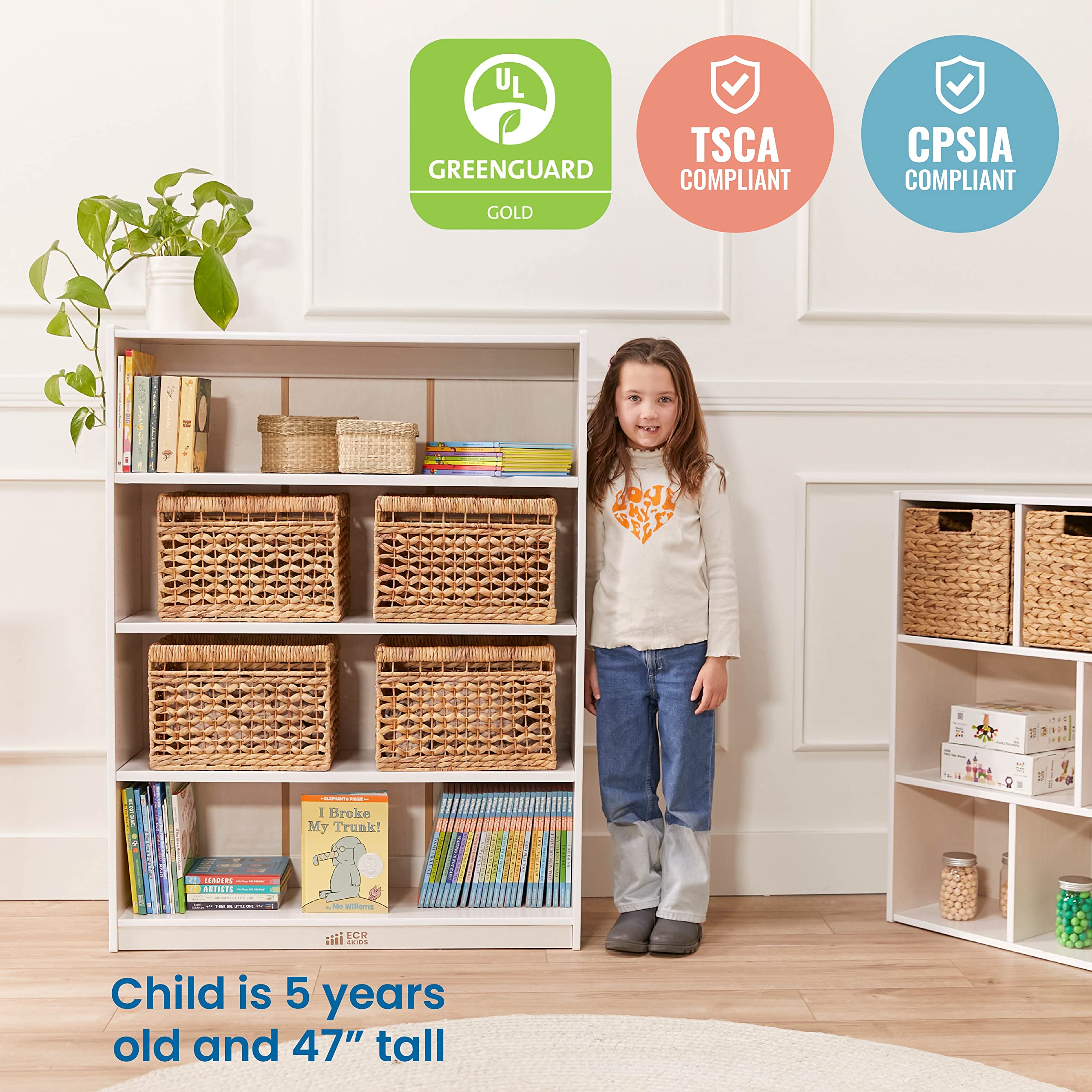 ECR4Kids Classic 48-Inch White Wash Bookcase with Adjustable Shelves - Perfect for Kids' Rooms, Classrooms, and Home Libraries