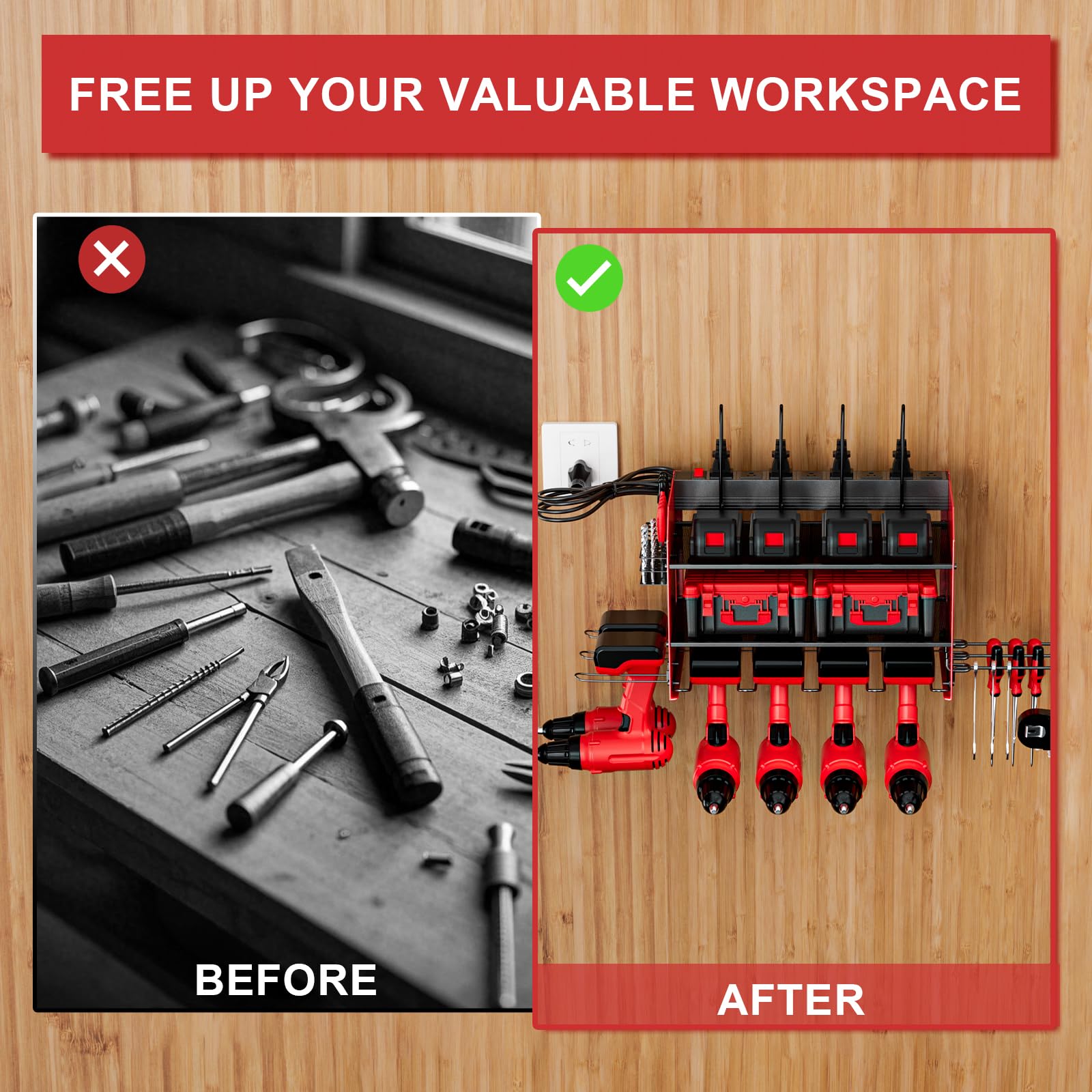 Heavy Duty Power Tool Organizer with Charging Station - 6 Drill Holder Wall Mount & 3 Layer Garage Tool Organizer with Hooks - Screwdriver & Drill Bit Rack - Durable Utility Shelf for Garage Workshop - Perfect Gift for Men & DIY Enthusiasts - Ideal for Home Garage, Workshop & Tool Storage Organization
