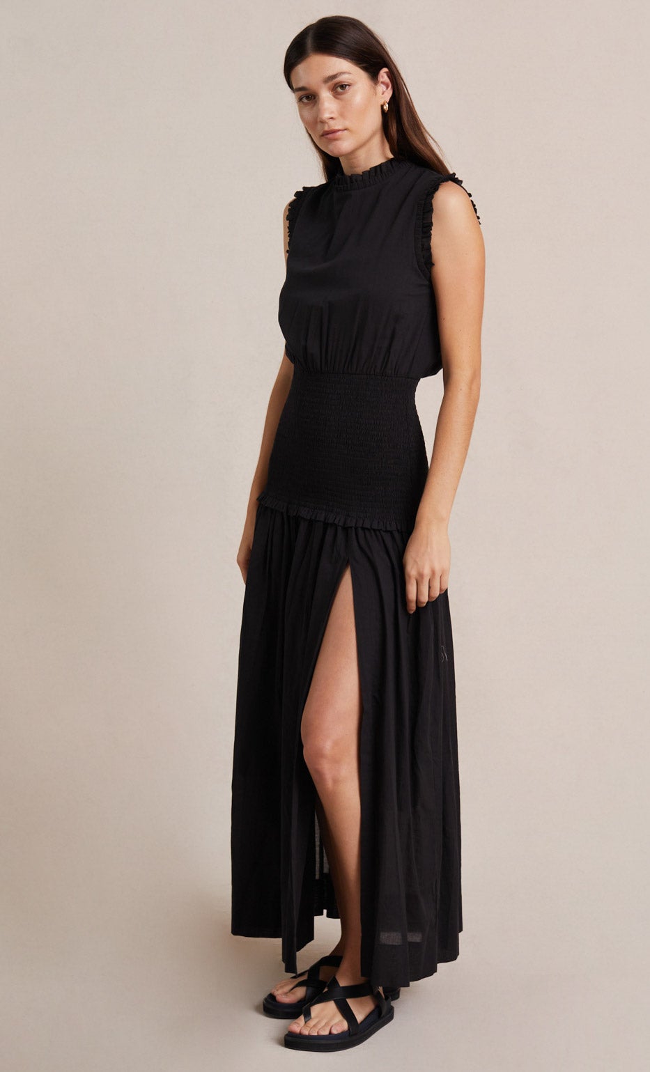 Felice Shirred Dress for Women - Flowy Black Midi Dress with Ruffles & Elastic Waist | Perfect for Casual Wear, Date Nights & Summer Outfits