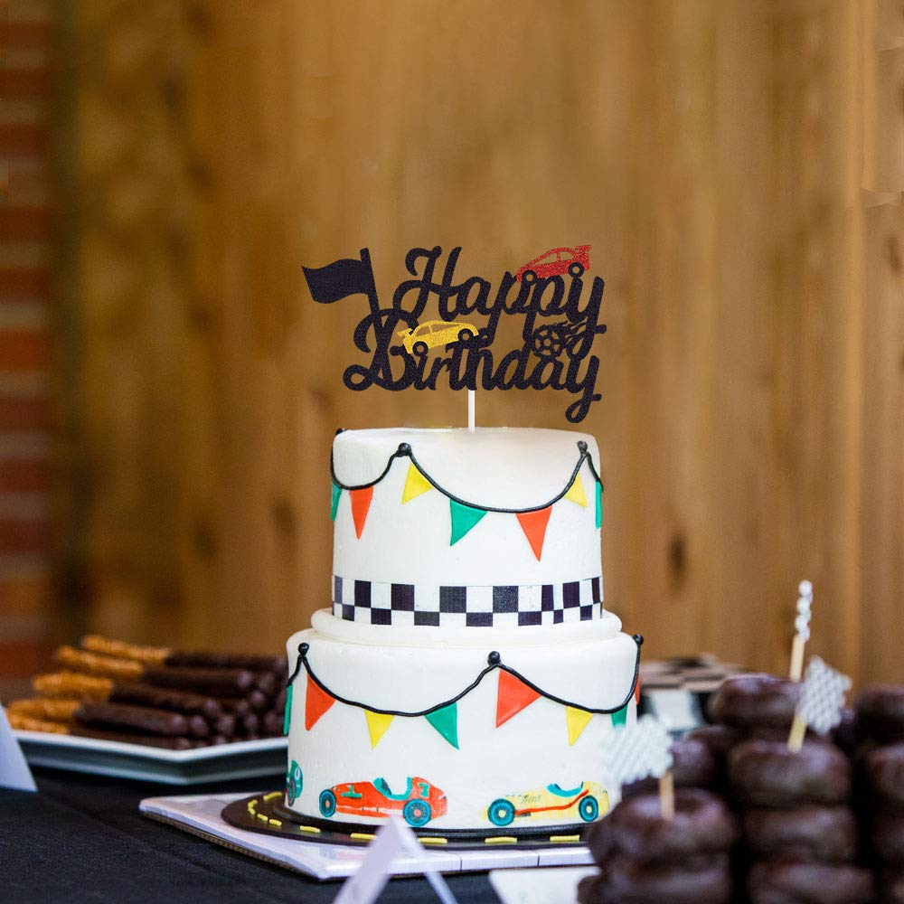 Marwey Race Car Birthday Cake Topper - Happy Birthday Cake Decor with Chequered Flag Design - Double-Sided Party Supplies for Kids' Race Car Themed Birthday Celebrations