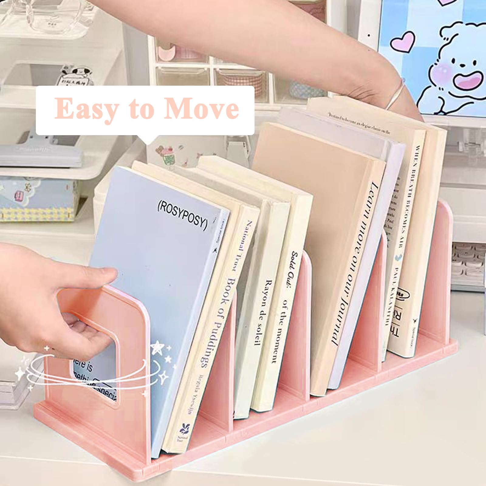 SAYEEC Vertical Desktop File Organizer - 4-Section Adjustable Plastic Book Holder, Shelf Dividers for Desk, Closet, or Office - Perfect for Mail, Magazines, Binders, Purses & Handbags (Pink) | Home & Office Organization Solution