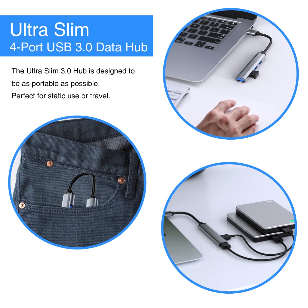 4-Port USB 3.0 Hub for Laptop & PC - Ultra Slim Aluminum USB Splitter & Extender for Mouse, Keyboard, Flash Drive - Perfect for Home Office, Gaming & Travel Accessories