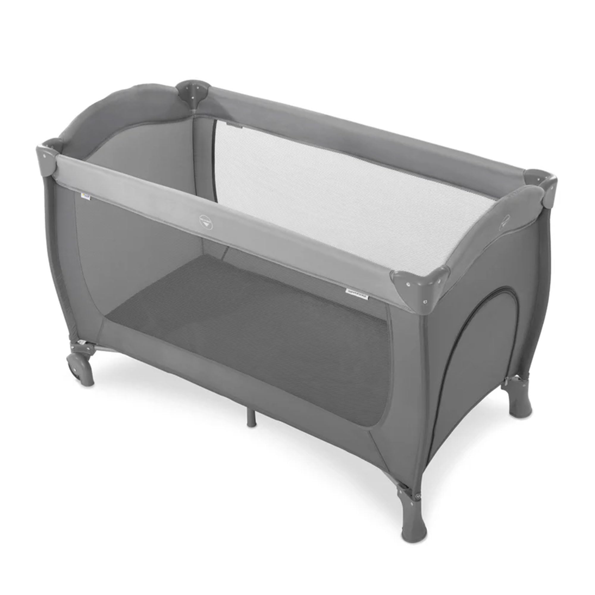 Hauck Sleep N Play Go Plus Portable Baby Travel Cot with Wheels - Lightweight Folding Crib with Mattress, Large Mesh Windows & Side Door for Infants & Toddlers (Gray) - Perfect for Travel, Nursery & Daycare Use