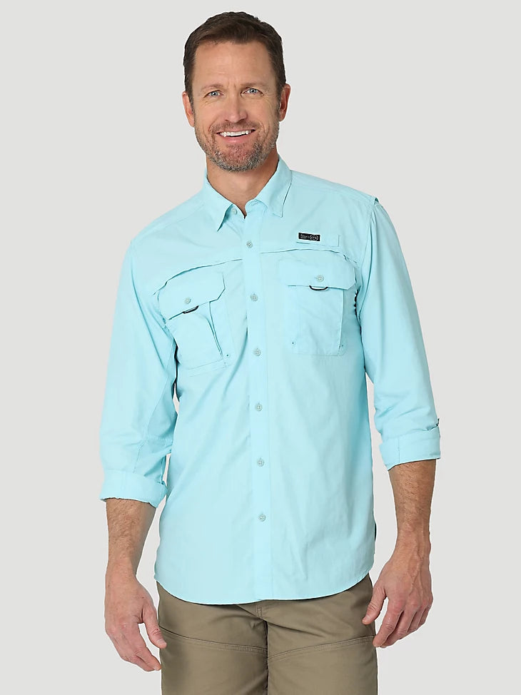 ATG By Wrangler™ Men's Long Sleeve Fishing Shirt - Gulf Blue - Moisture Wicking & UV Protection for Outdoor Activities, Hiking, and Camping