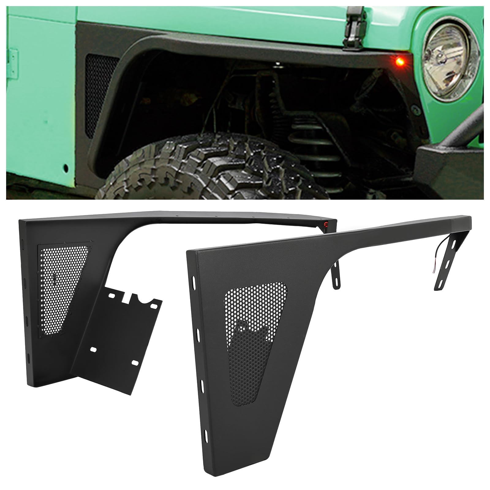 KUAFU 2-Piece Black Steel Front Fender with LED Lights for 1997-2006 Jeep Wrangler TJ - Wheel Cover Guards for Driver & Passenger Side | Off-Road Protection & Style Upgrade
