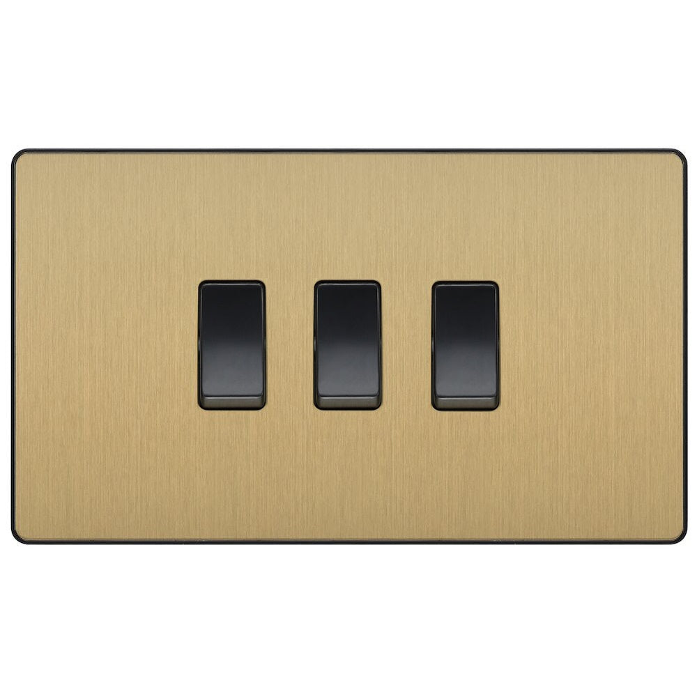 BG Evolve Satin Brass 3G Intermediate Combination Switch - Premium Electrical Switch for Modern Homes, Perfect for Living Rooms, Bedrooms and Offices