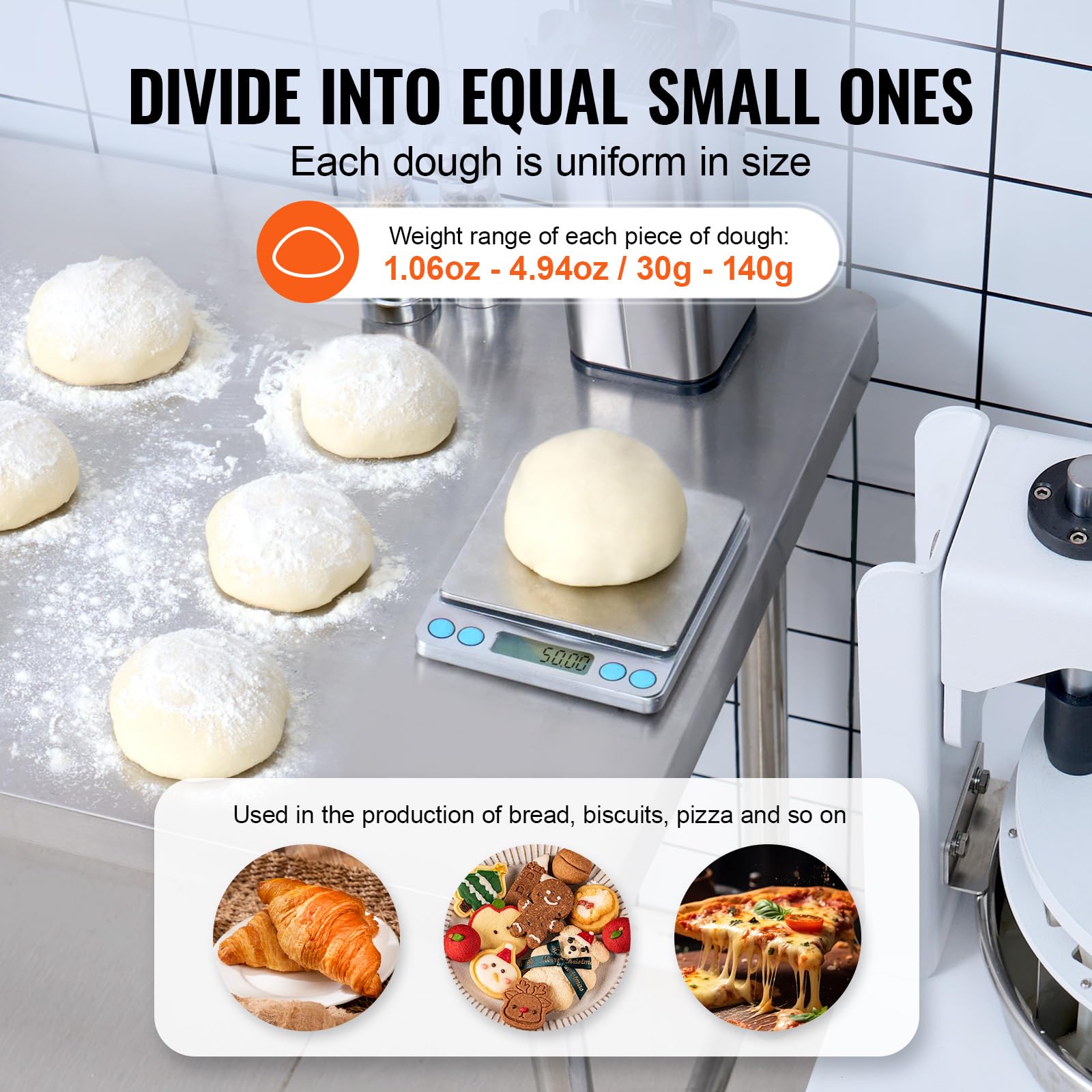 VEVOR 40PCS Manual Dough Divider Cutter with 304 Stainless Steel Tray - Adjustable 1.06oz to 4.94oz Dough Press for Bakery, Restaurant & Commercial Food Preparation | Perfect for Bread, Pastry, Pizza Dough Cutting & Portioning