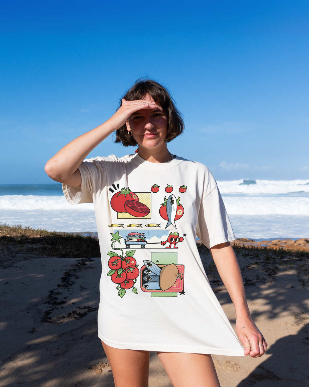Tomato Fish Graphic T-Shirt for Men & Women - Soft Cotton Crewneck Tee in Cream - Casual Streetwear for Summer Outfits & Beach Vacations
