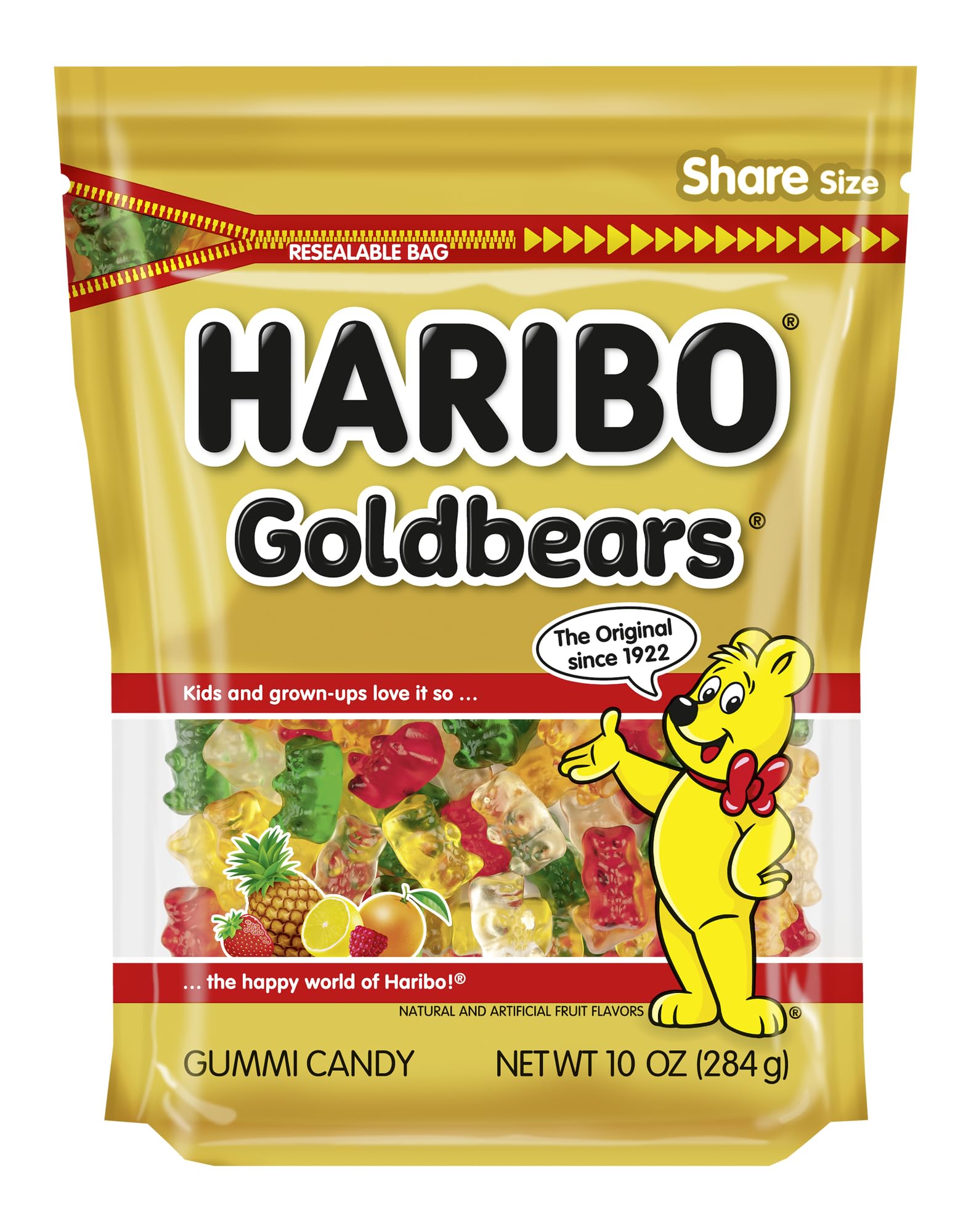 HARIBO Goldbears Gummy Candy - 10 oz Resealable Bag - 5 Assorted Fruit Flavors - Perfect for Parties, Snacking & Lunchboxes