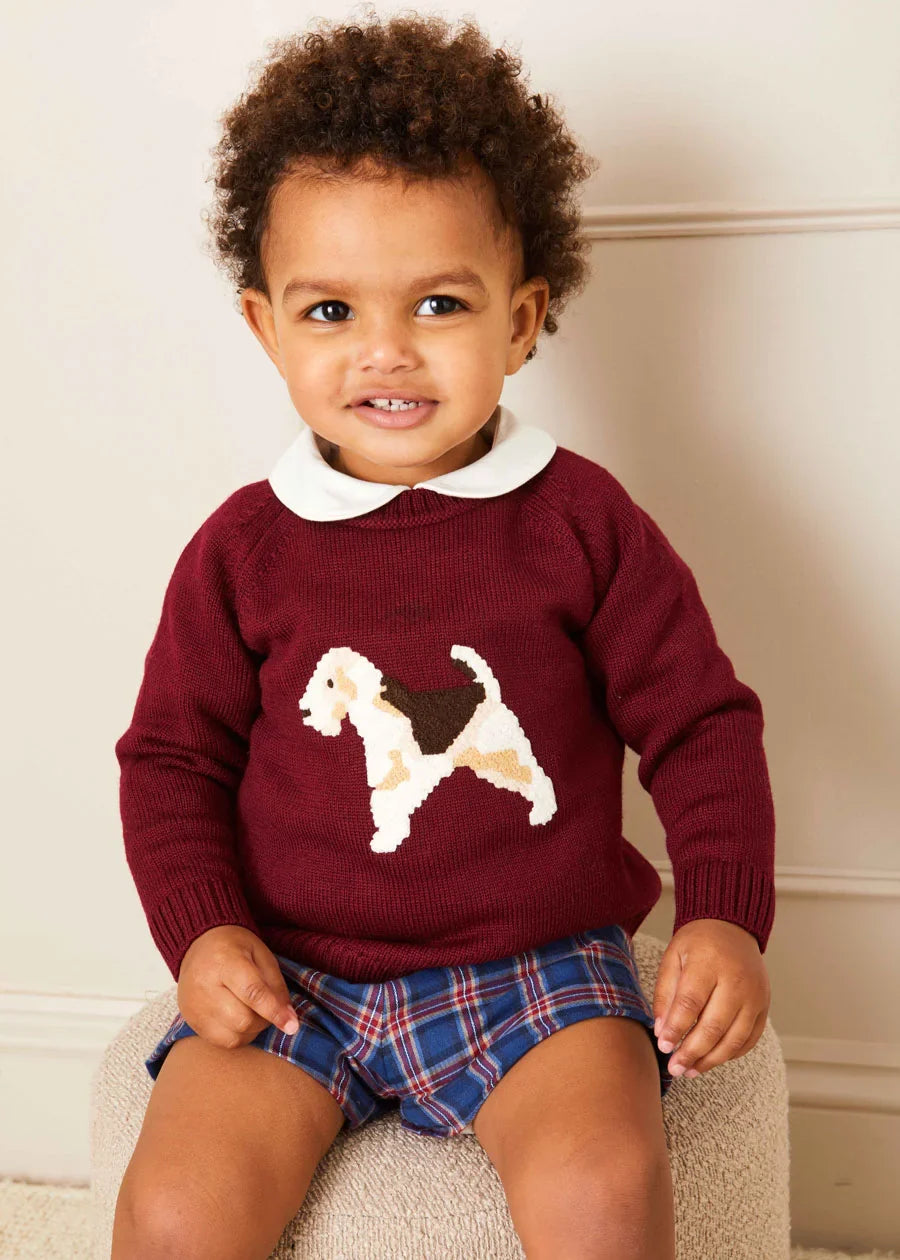 Burgundy Dog Intarsia Knit Sweater for Baby Boys - Cozy & Stylish Winter Outfit for Playdates & Family Photos