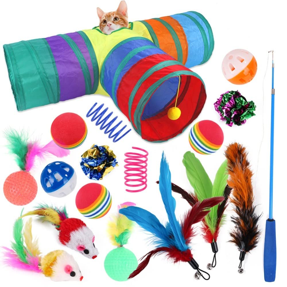 EastVita 18-Piece Cat Toy Set with Interactive Tunnel Tube, Teeth Cleaning Toys & Play Dolls - Fun Boredom Relief for Indoor Cats - Perfect for Playtime, Exercise & Dental Care